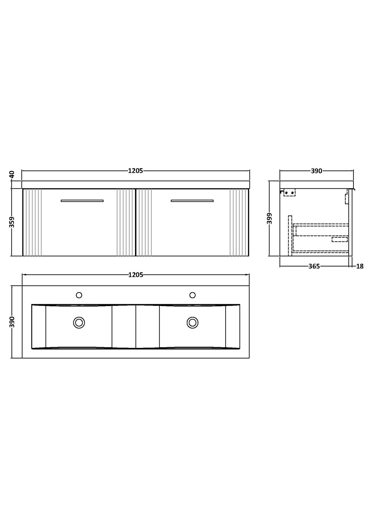 1200mm Wall Hung 2 Drawer Vanity & Double Basin - Image 3