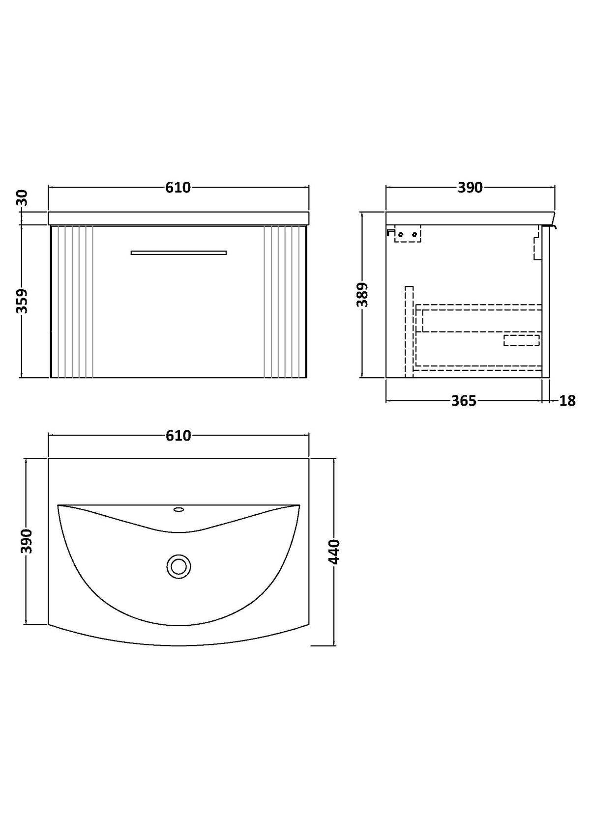 600mm Wall Hung Single Drawer Vanity & Basin 4 - Image 3