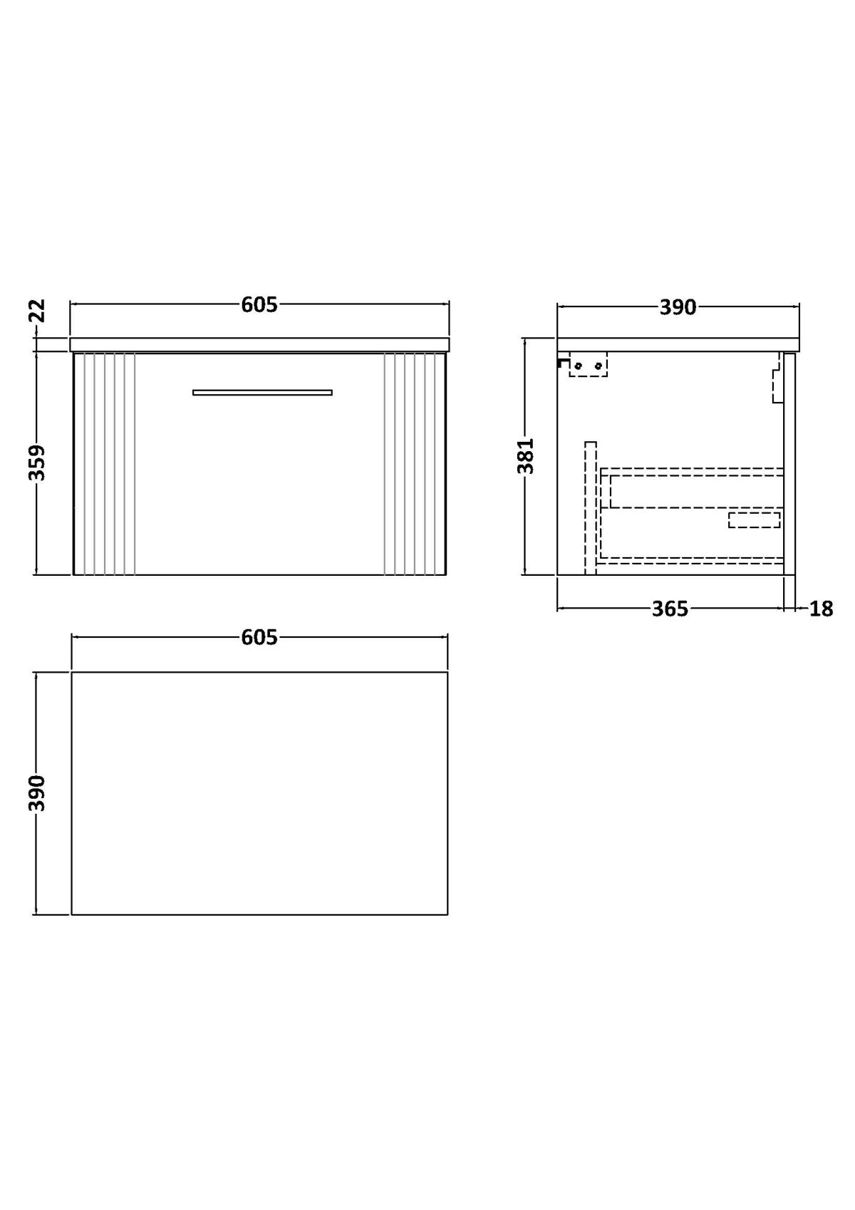 600mm Wall Hung Single Drawer Vanity & Laminate Top - Image 2