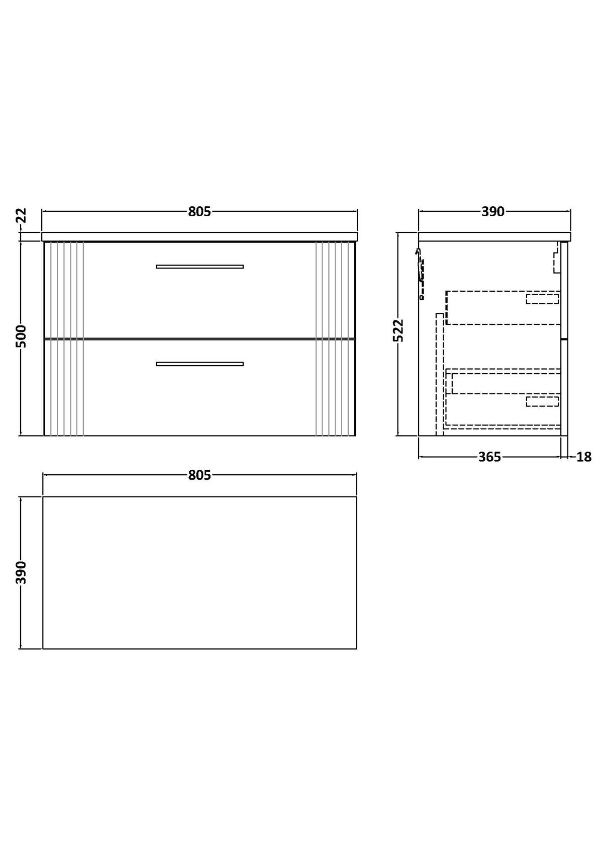 800mm Wall Hung 2 Drawer Vanity & Laminate Top - Image 2