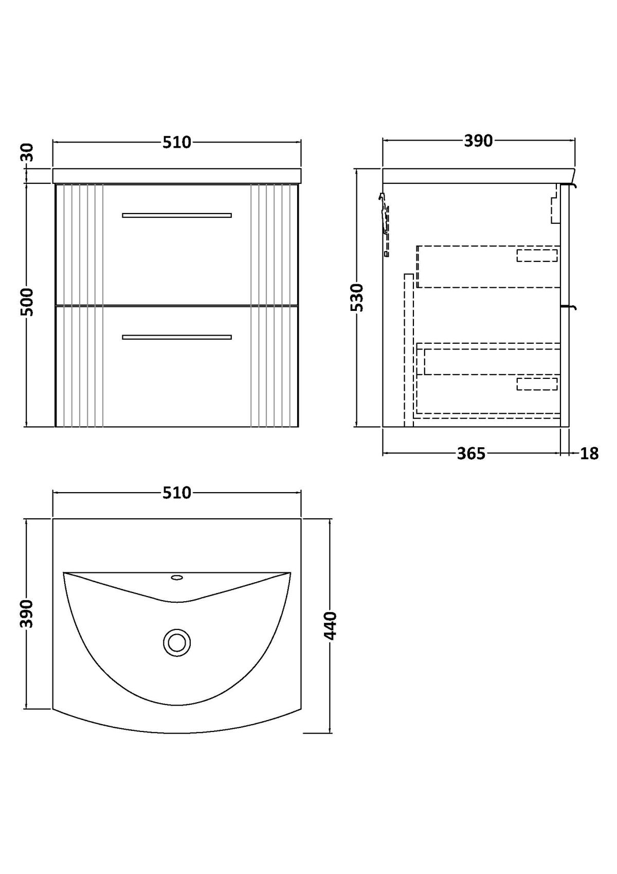 500mm Wall Hung 2 Drawer Vanity & Basin 4 - Image 3