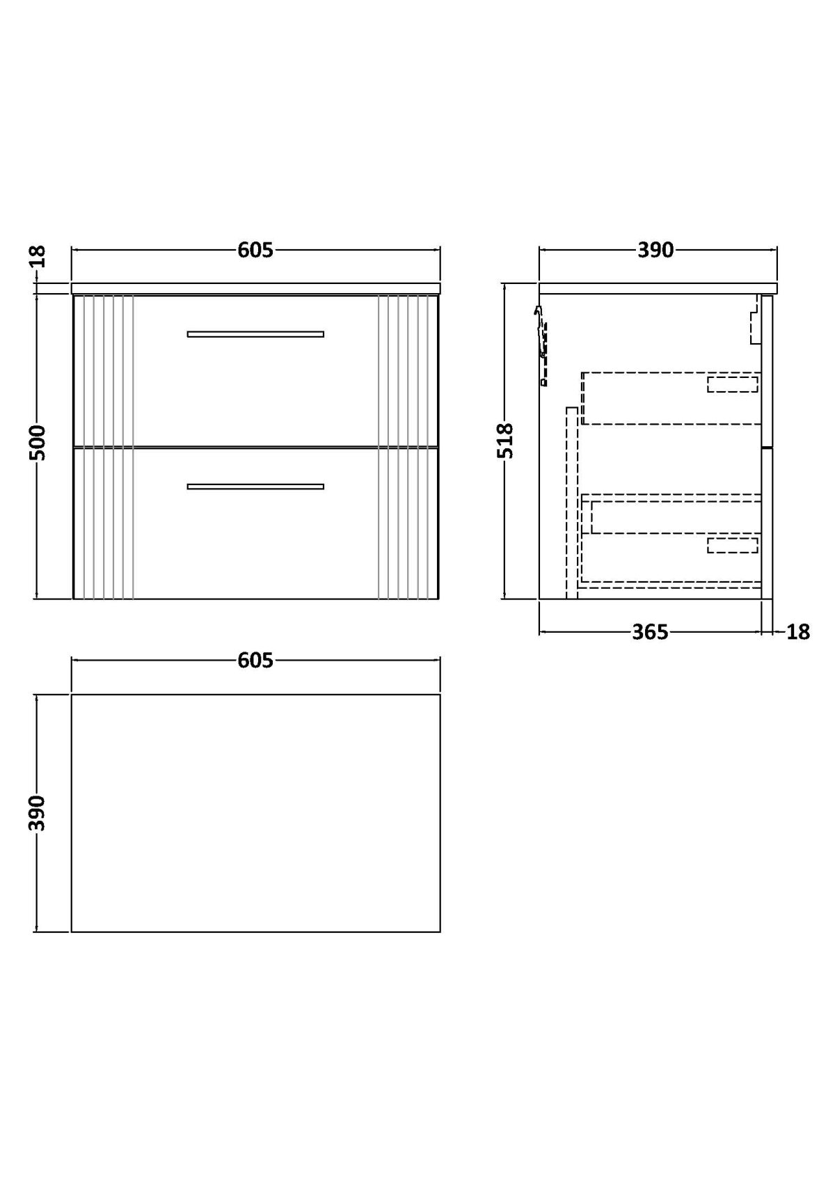 600mm Wall Hung 2 Drawer Vanity & Worktop - Image 2