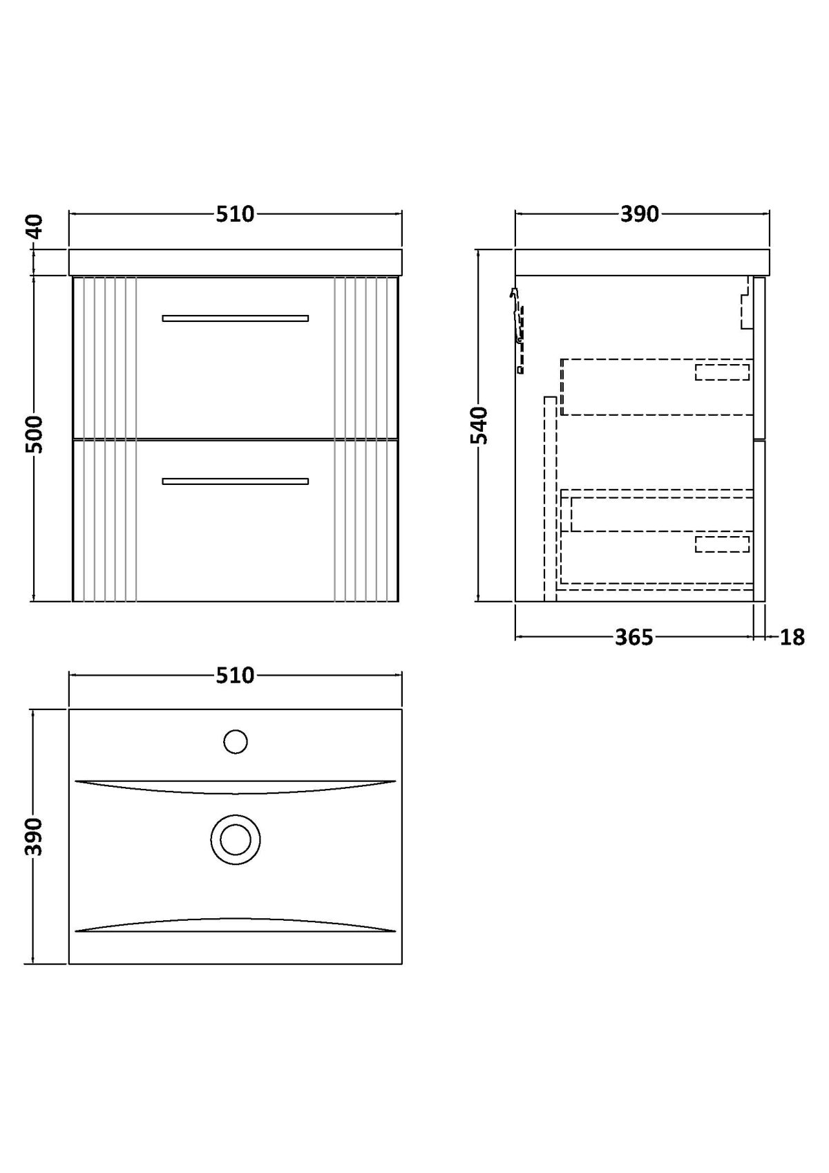 500mm Wall Hung 2 Drawer Vanity & Basin 1 - Image 3