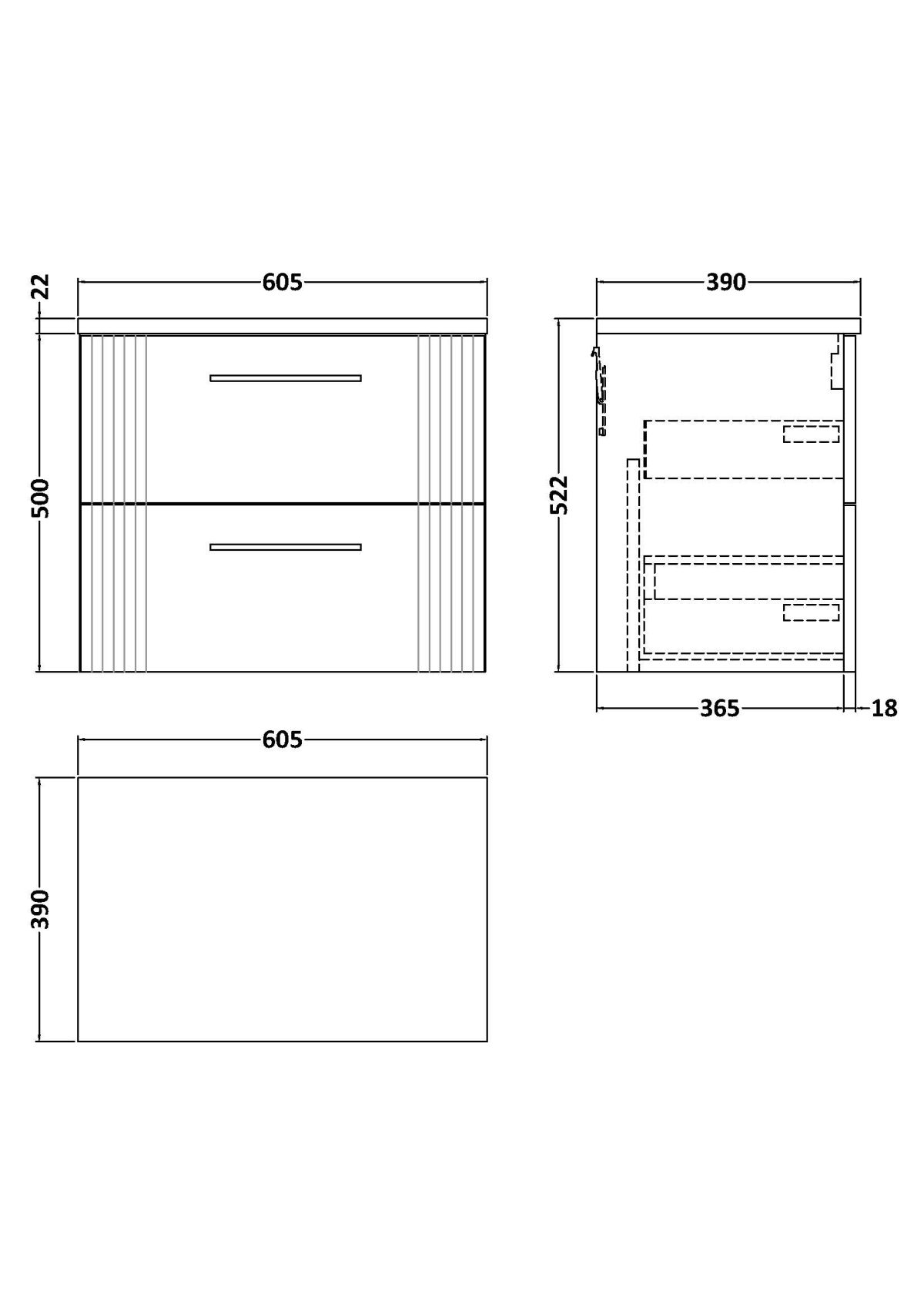 600mm Wall Hung 2 Drawer Vanity & Laminate Top - Image 2