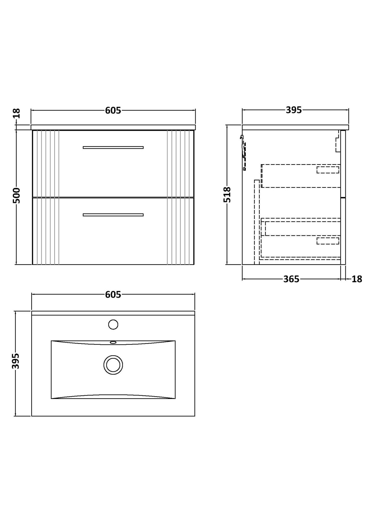 600mm Wall Hung 2 Drawer Vanity & Basin 2 - Image 4