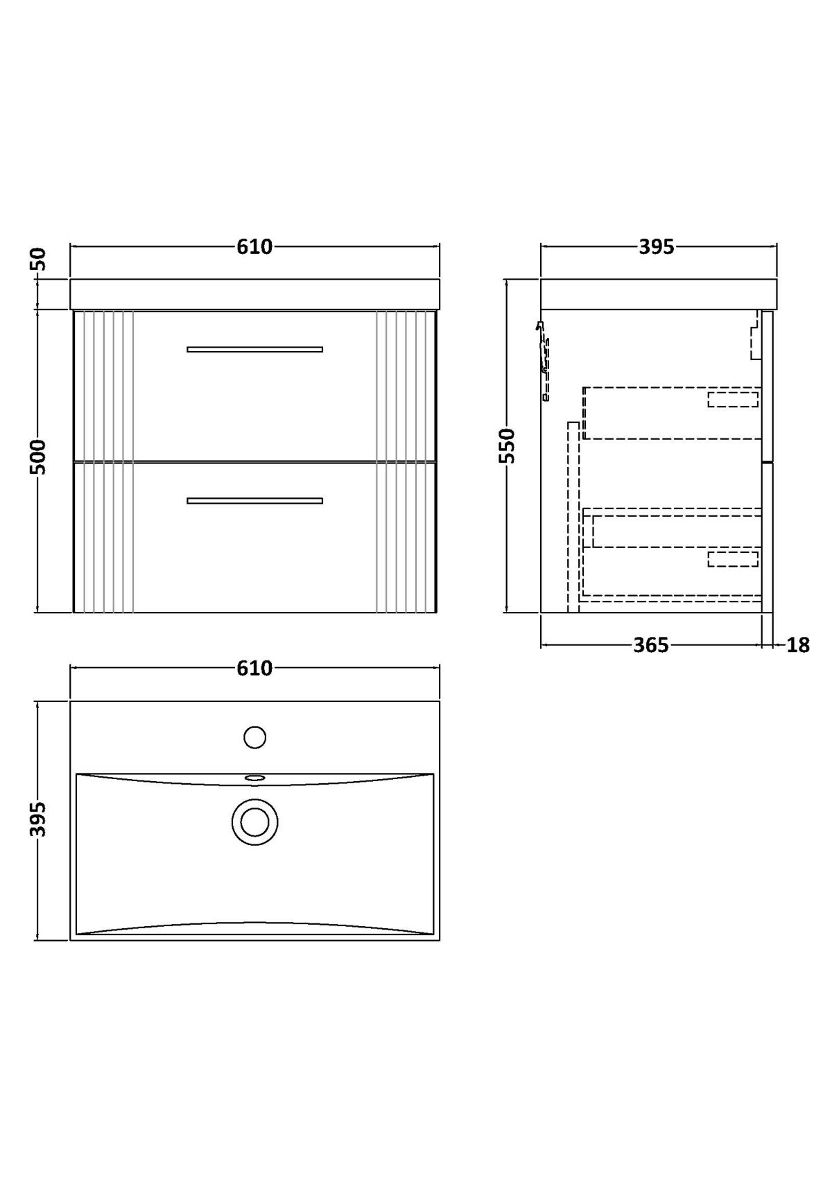 600mm Wall Hung 2 Drawer Vanity & Basin 3 - Image 4
