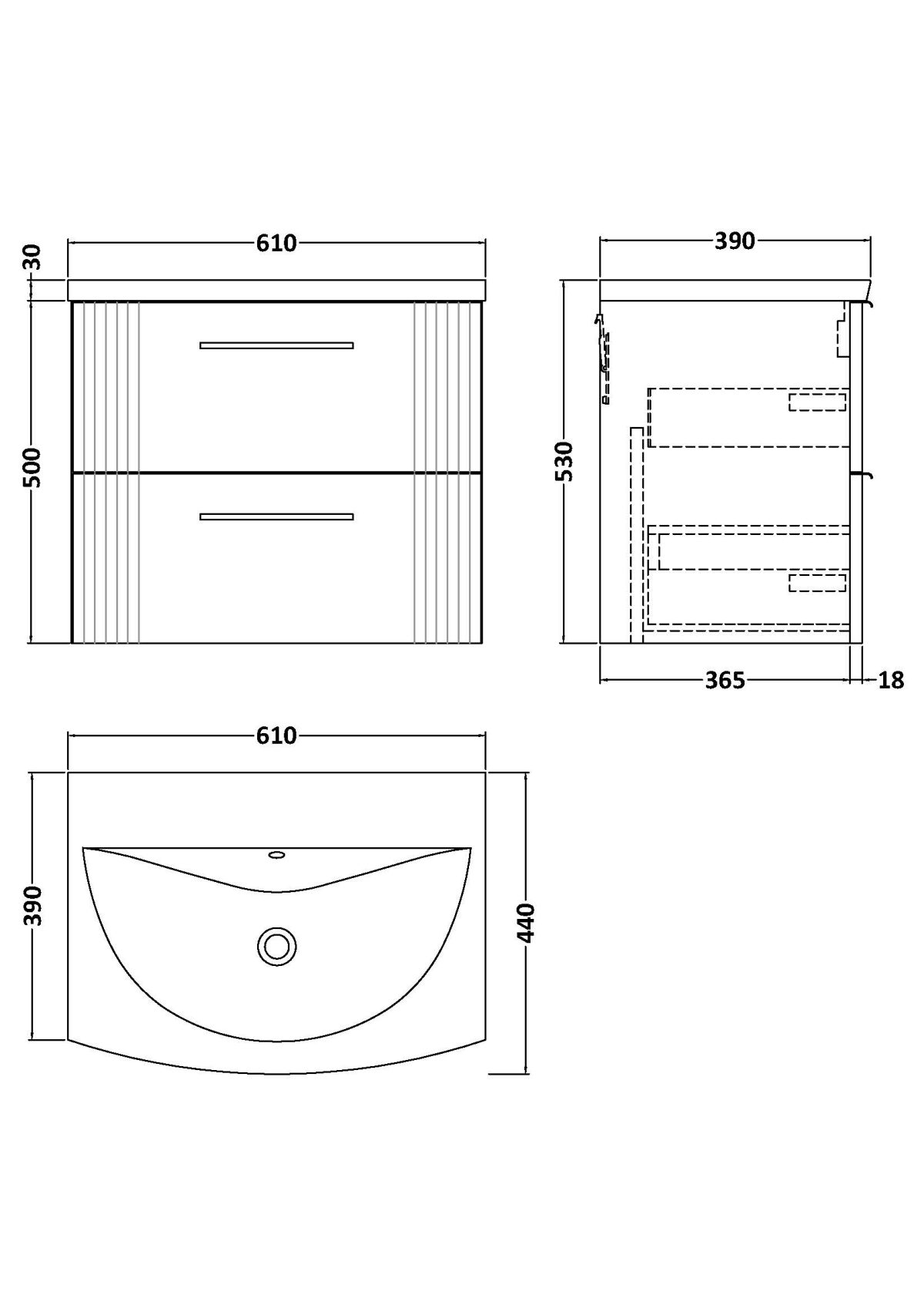 600mm Wall Hung 2 Drawer Vanity & Basin 4 - Image 3