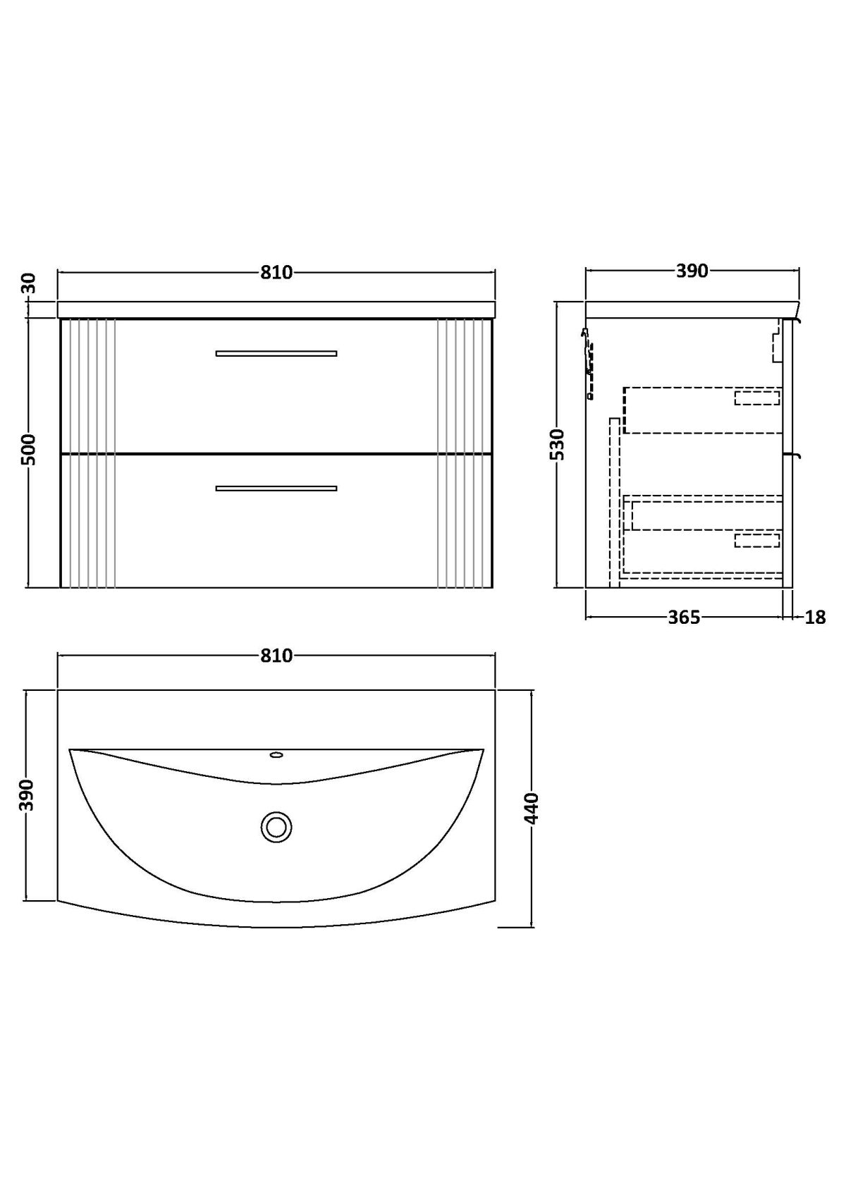 800mm Wall Hung 2 Drawer Vanity & Basin 4 - Image 3