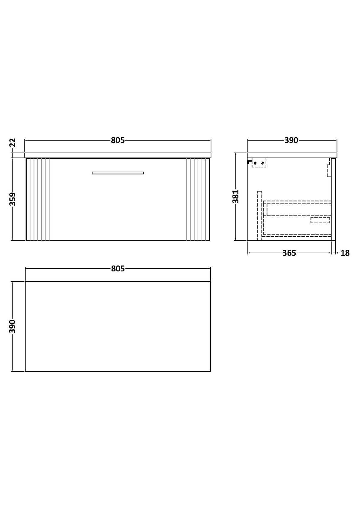 800mm Wall Hung Single Drawer Vanity & Laminate Top - Image 2