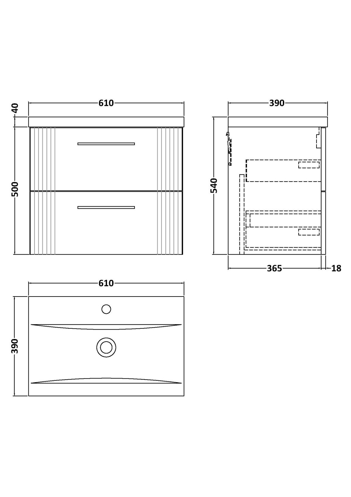 600mm Wall Hung 2 Drawer Vanity & Basin 1 - Image 3