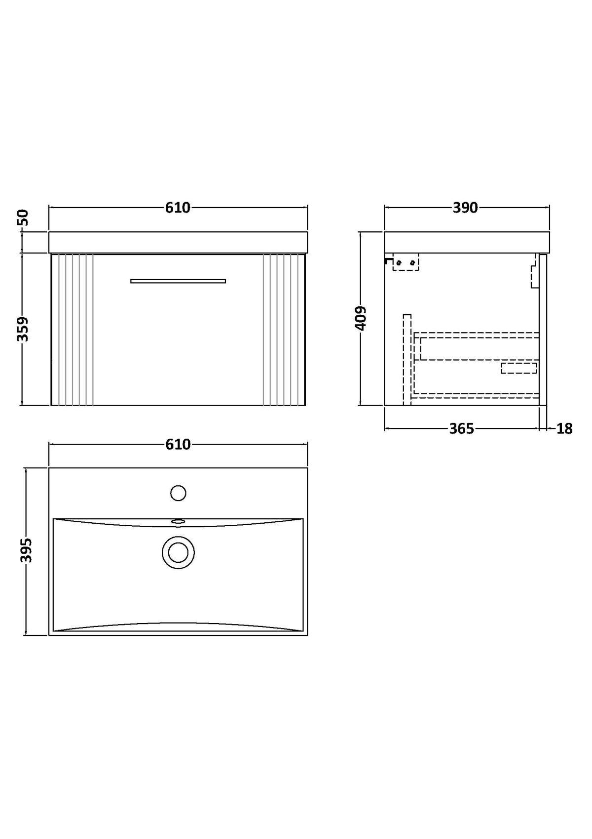 600mm Wall Hung Single Drawer Vanity & Basin 3 - Image 3