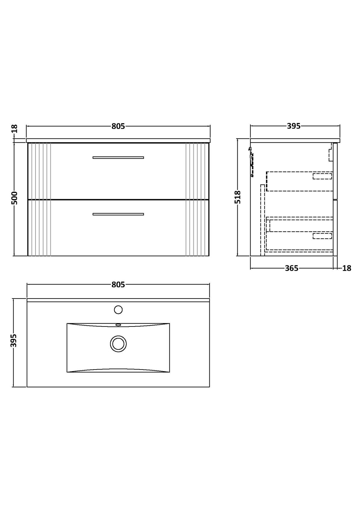 800mm Wall Hung 2 Drawer Vanity & Basin 2 - Image 3