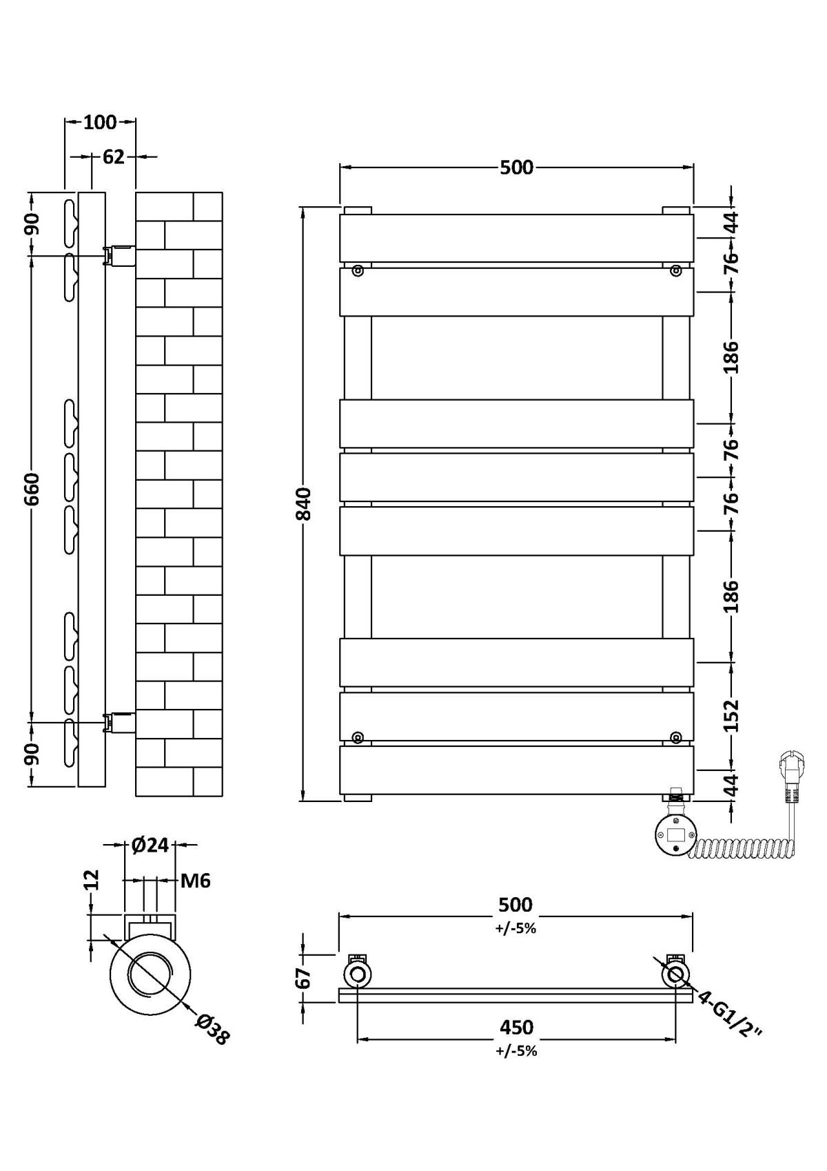 Square Flat Towel Radiator 840x500 - Image 2