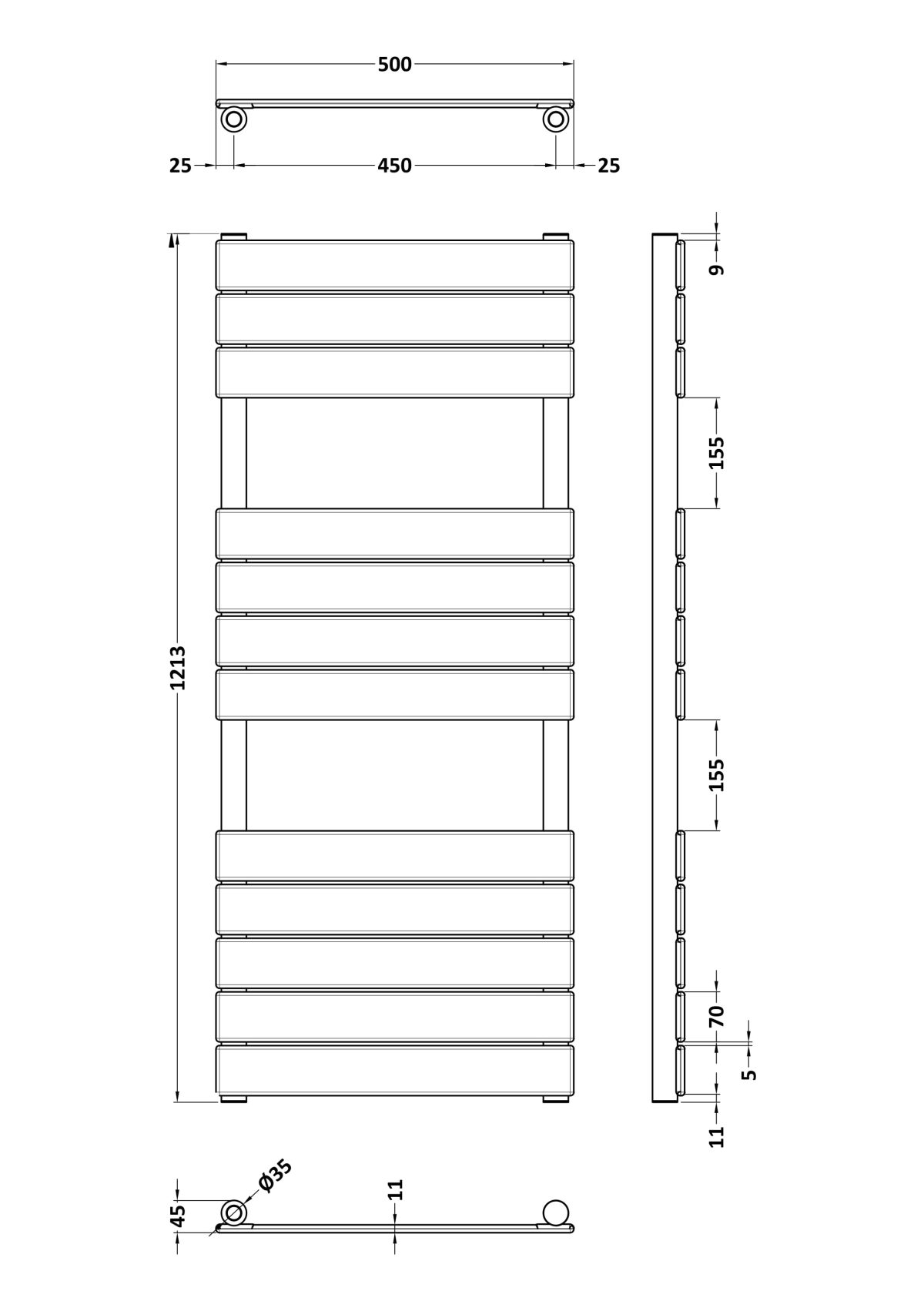Square Flat Towel Radiator 1213x500 - Image 3