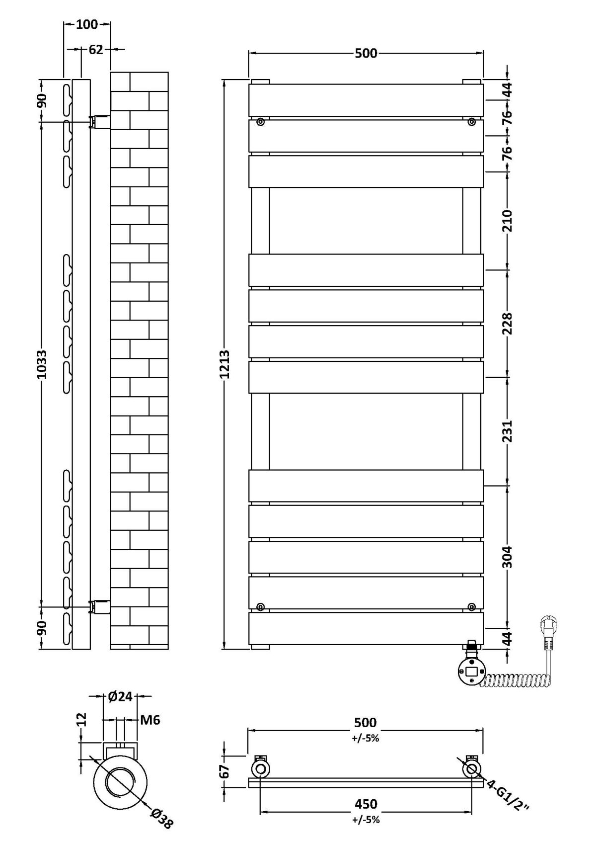 Square Flat Towel Radiator 1213x500 - Image 3