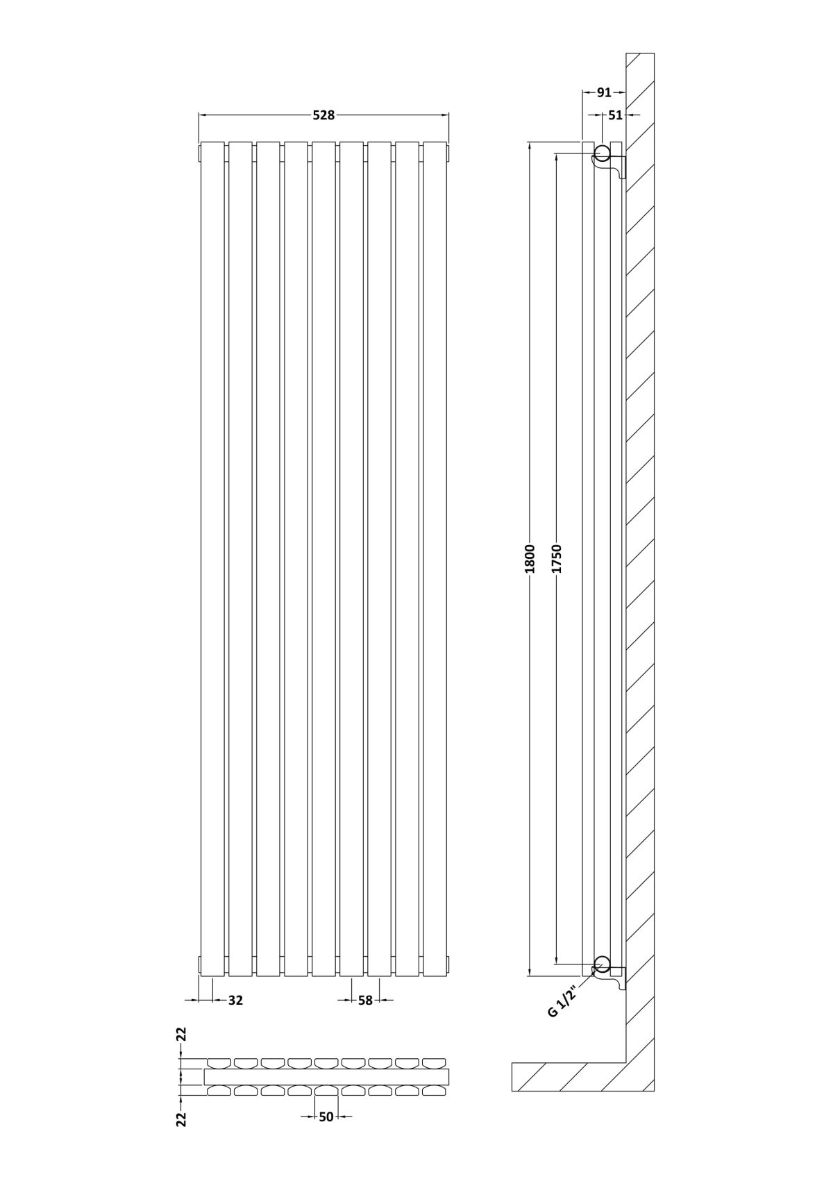 Vertical Double Panel Radiator 1800 x 528 - Image 2