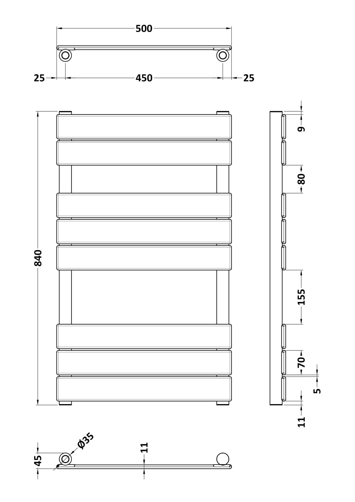 Square Flat Towel Radiator 840x500 - Image 2
