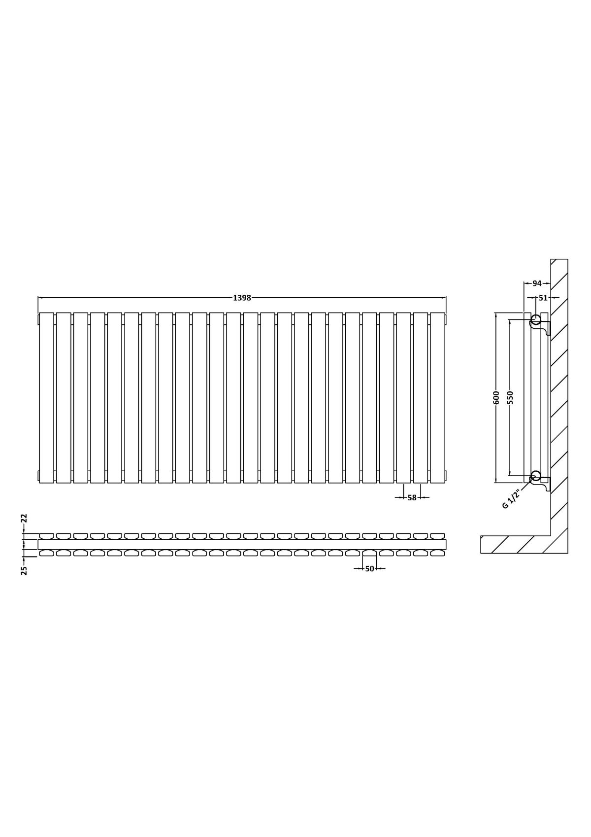 Horizontal Double Panel Radiator 600 x 1398 - Image 3