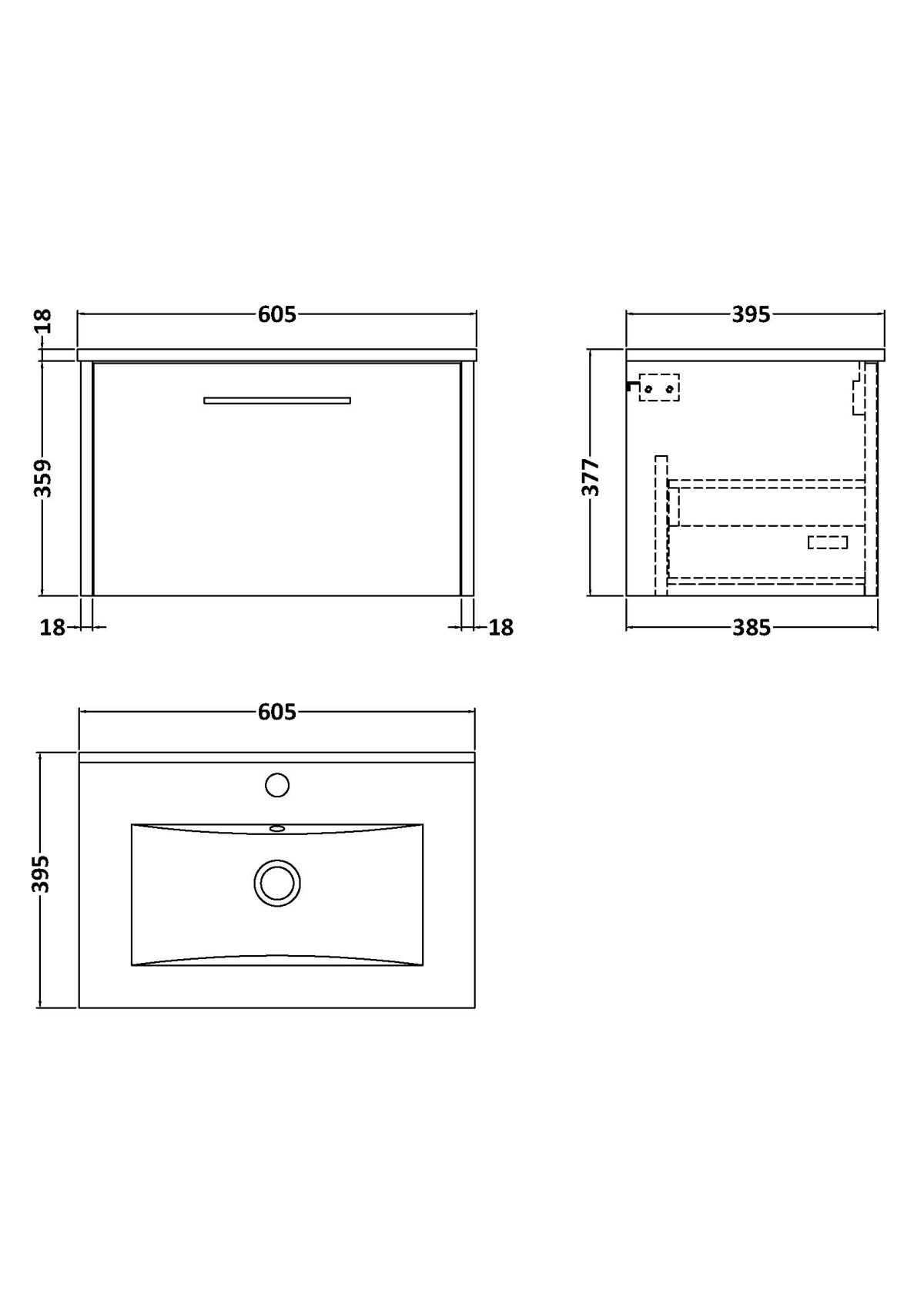 600mm Wall Hung Single Drawer Vanity & Basin 2 - Image 3