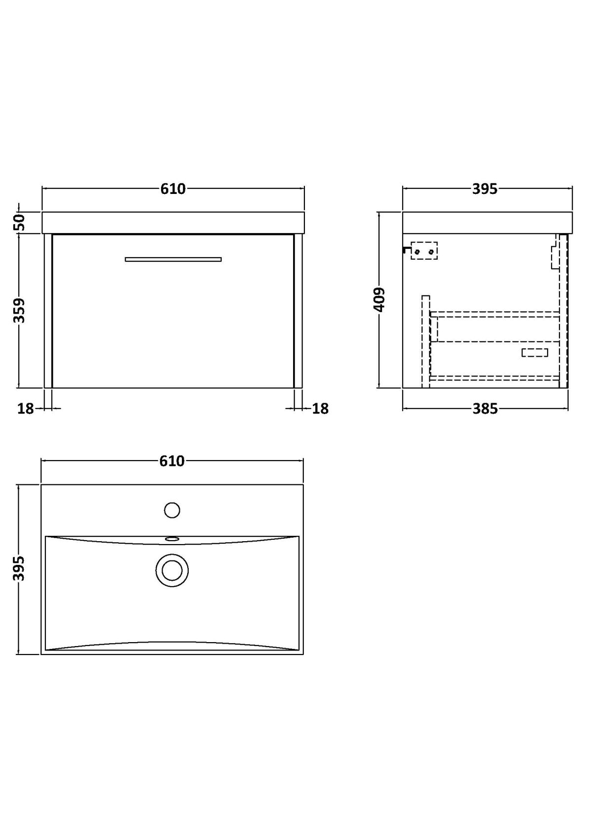 600mm Wall Hung Single Drawer Vanity & Basin 3 - Image 3