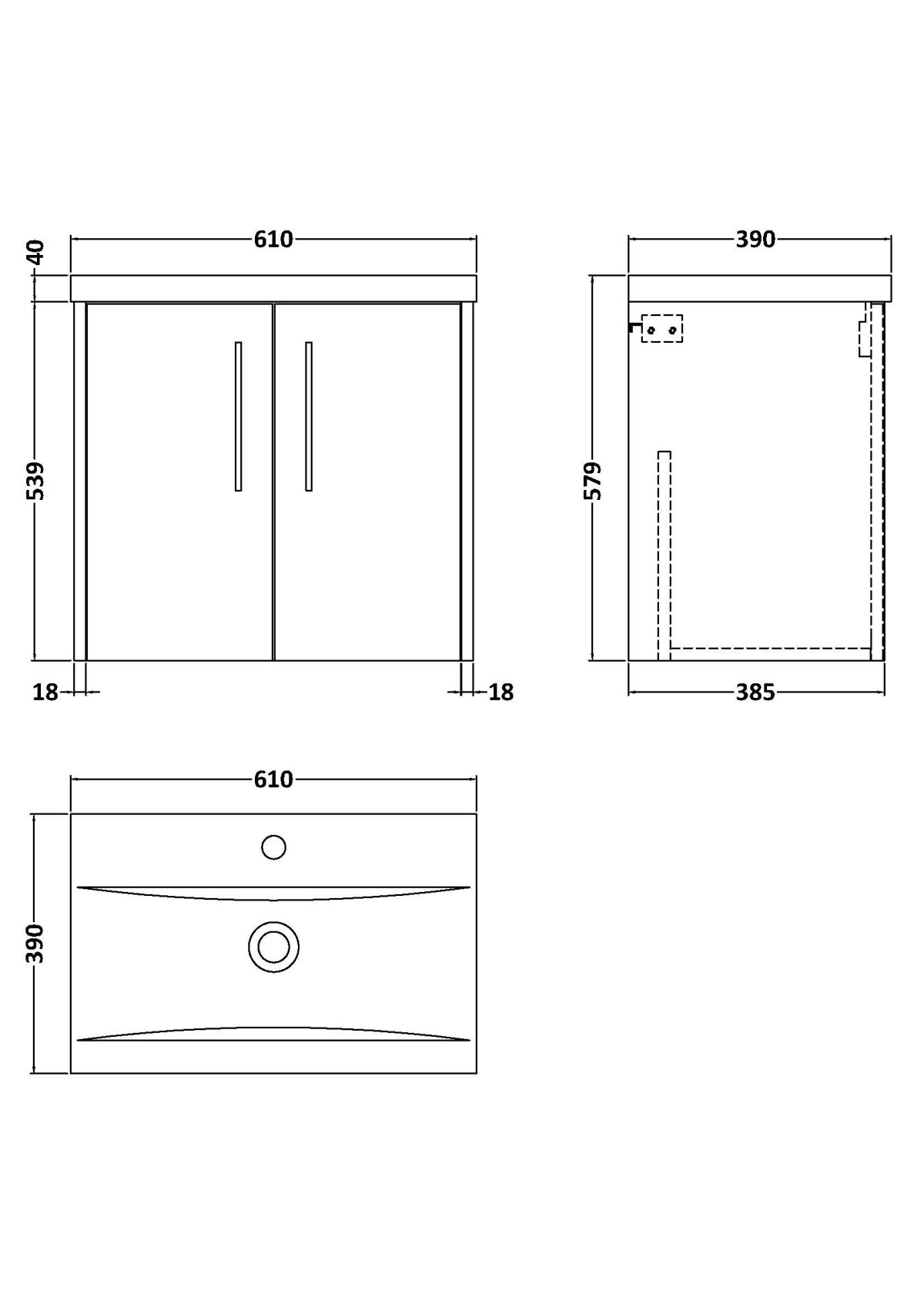 600mm Wall Hung 2 Door Vanity & Basin 1 - Image 3
