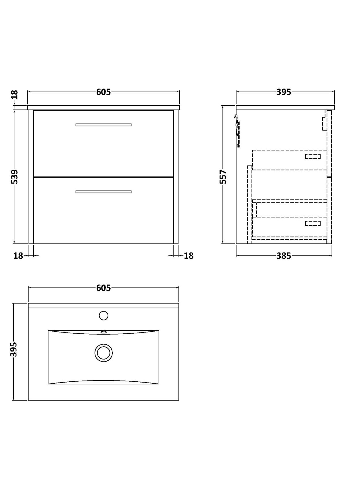 600mm Wall Hung 2 Drawer Vanity & Basin 2 - Image 3