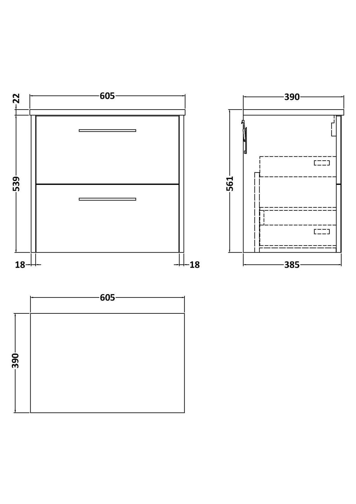 600mm Wall Hung 2 Drawer Vanity & Laminate Top - Image 2