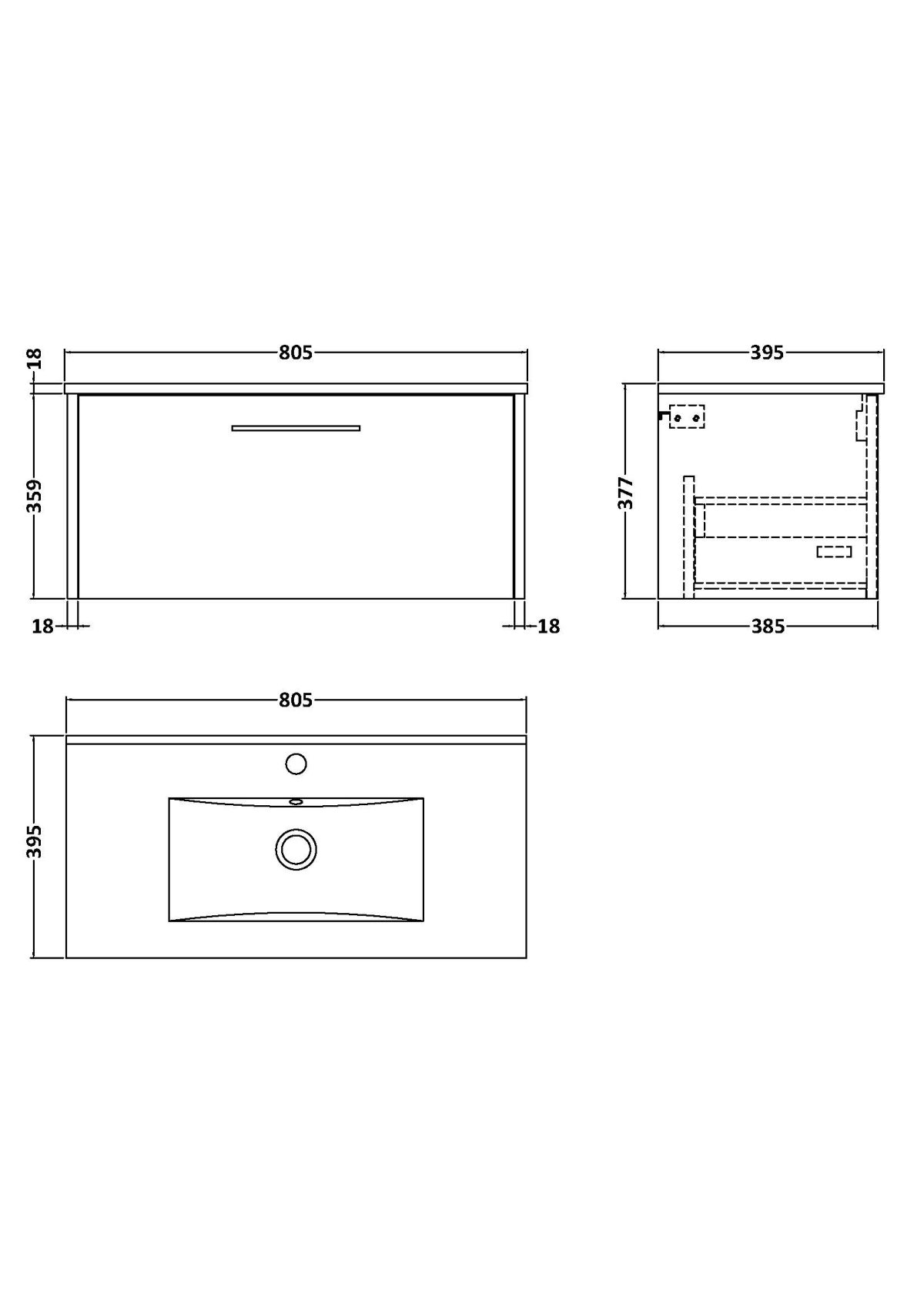 800mm Wall Hung Single Drawer Vanity & Basin 2 - Image 3