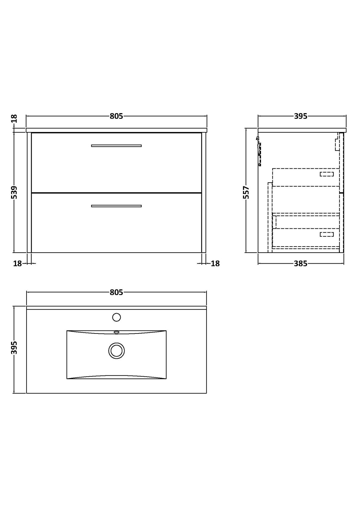 800mm Wall Hung 2 Drawer Vanity & Basin 2 - Image 3