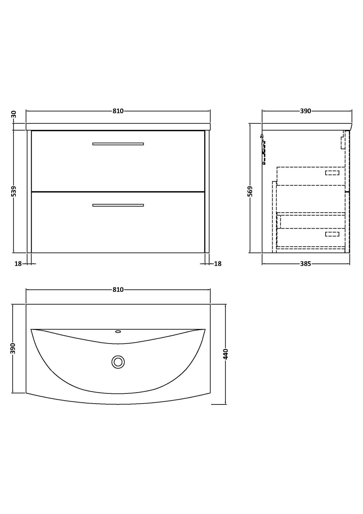 800mm Wall Hung 2 Drawer Vanity & Basin 4 - Image 3