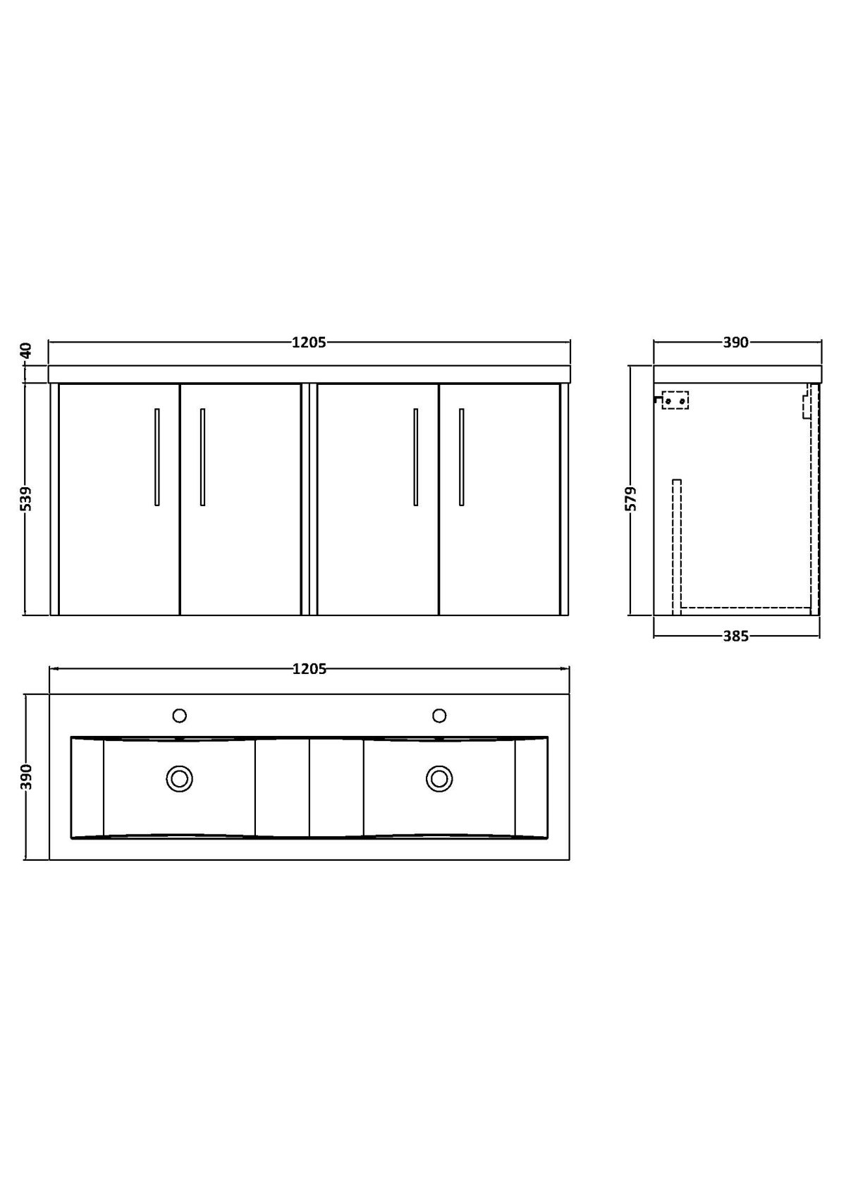 1200mm Wall Hung 4 Door Vanity & Double Basin - Image 3