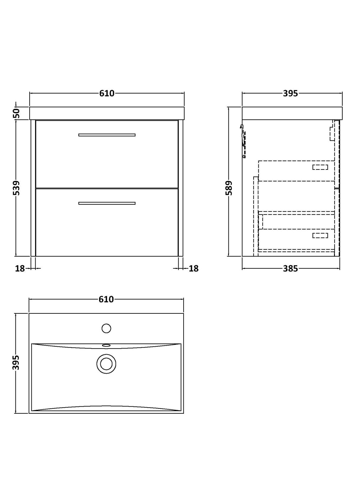 600mm Wall Hung 2 Drawer Vanity & Basin 3 - Image 4