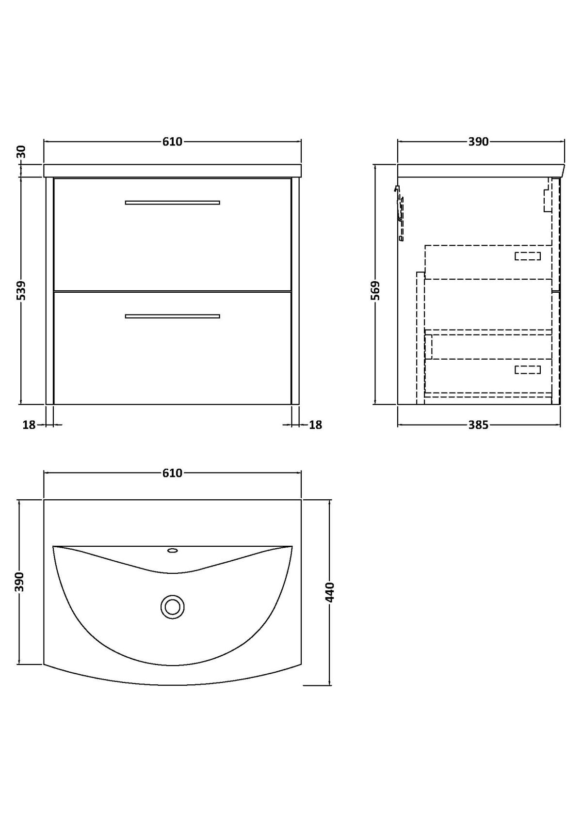600mm Wall Hung 2 Drawer Vanity & Basin 4 - Image 4