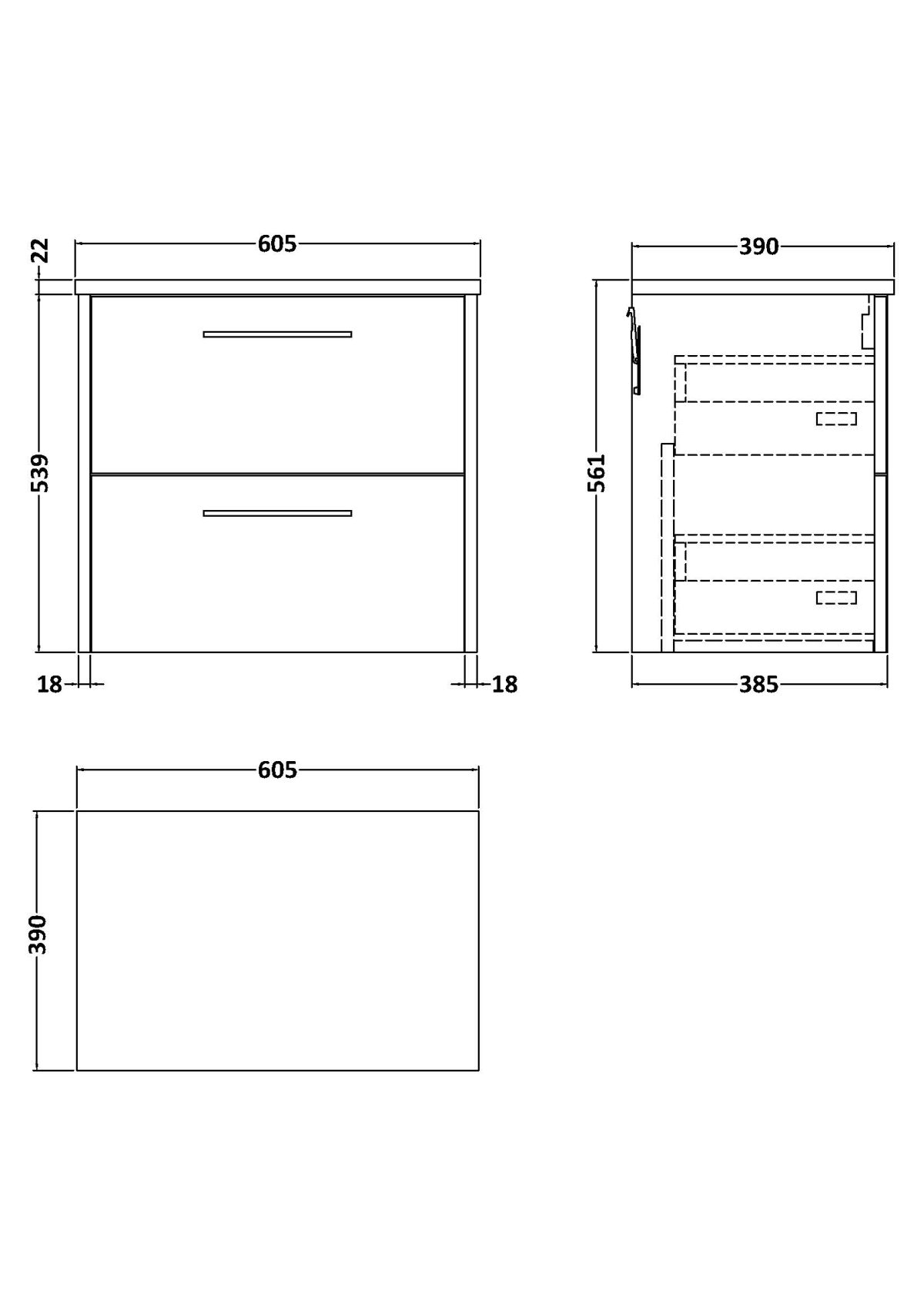 600mm Wall Hung 2 Drawer Vanity & Laminate Top - Image 2