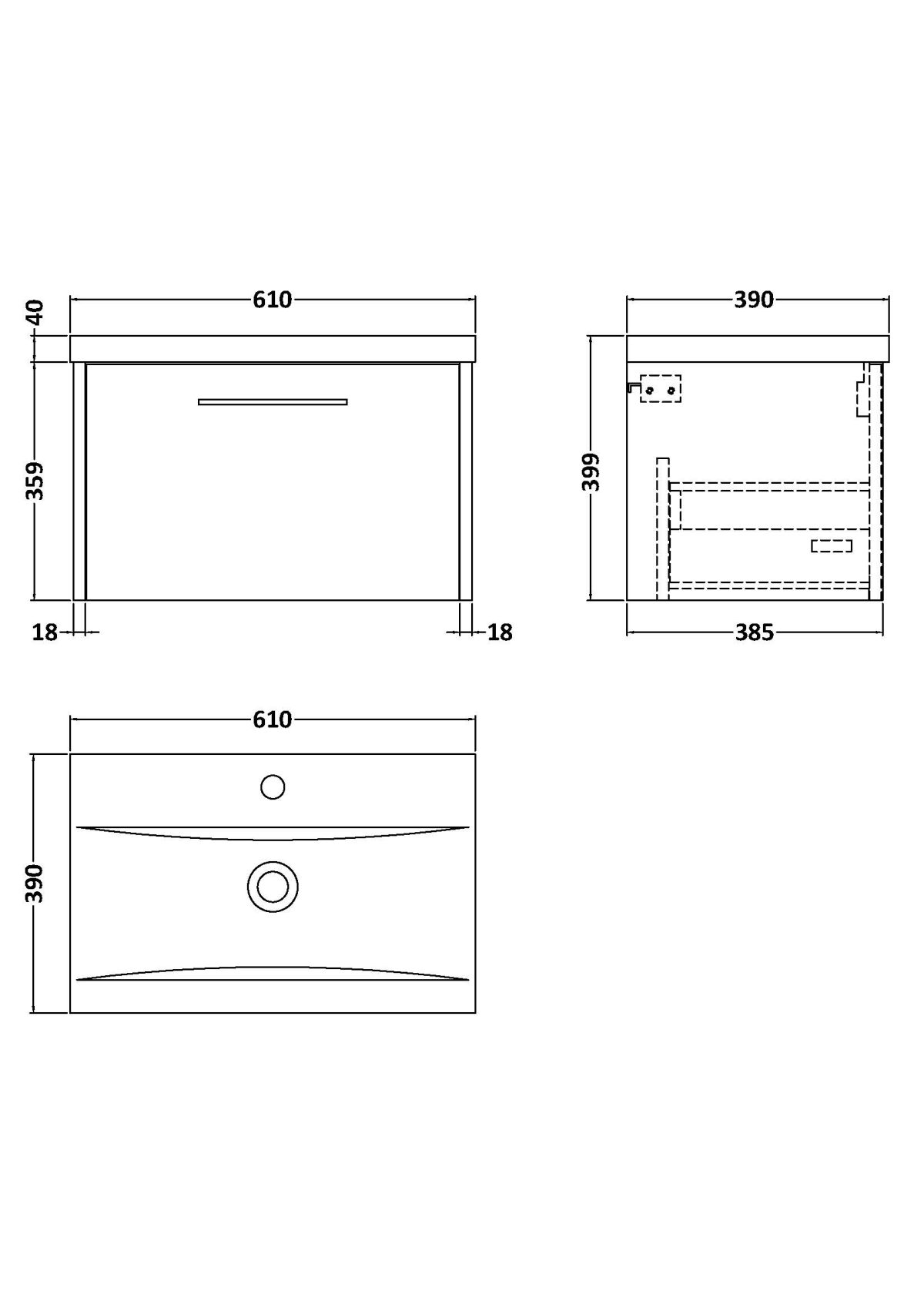 600mm Wall Hung 1 Drawer Vanity & Basin 1 - Image 3