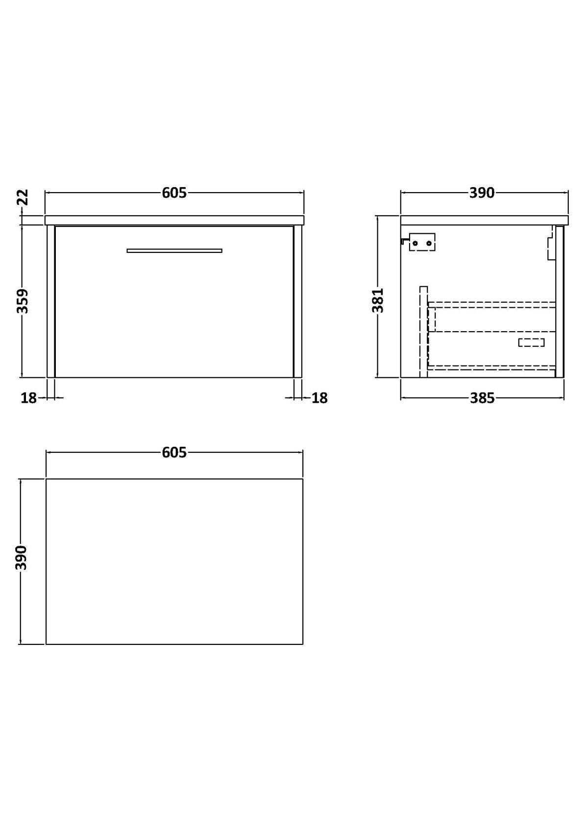 600mm Wall Hung 1 Drawer Vanity & Worktop - Image 2