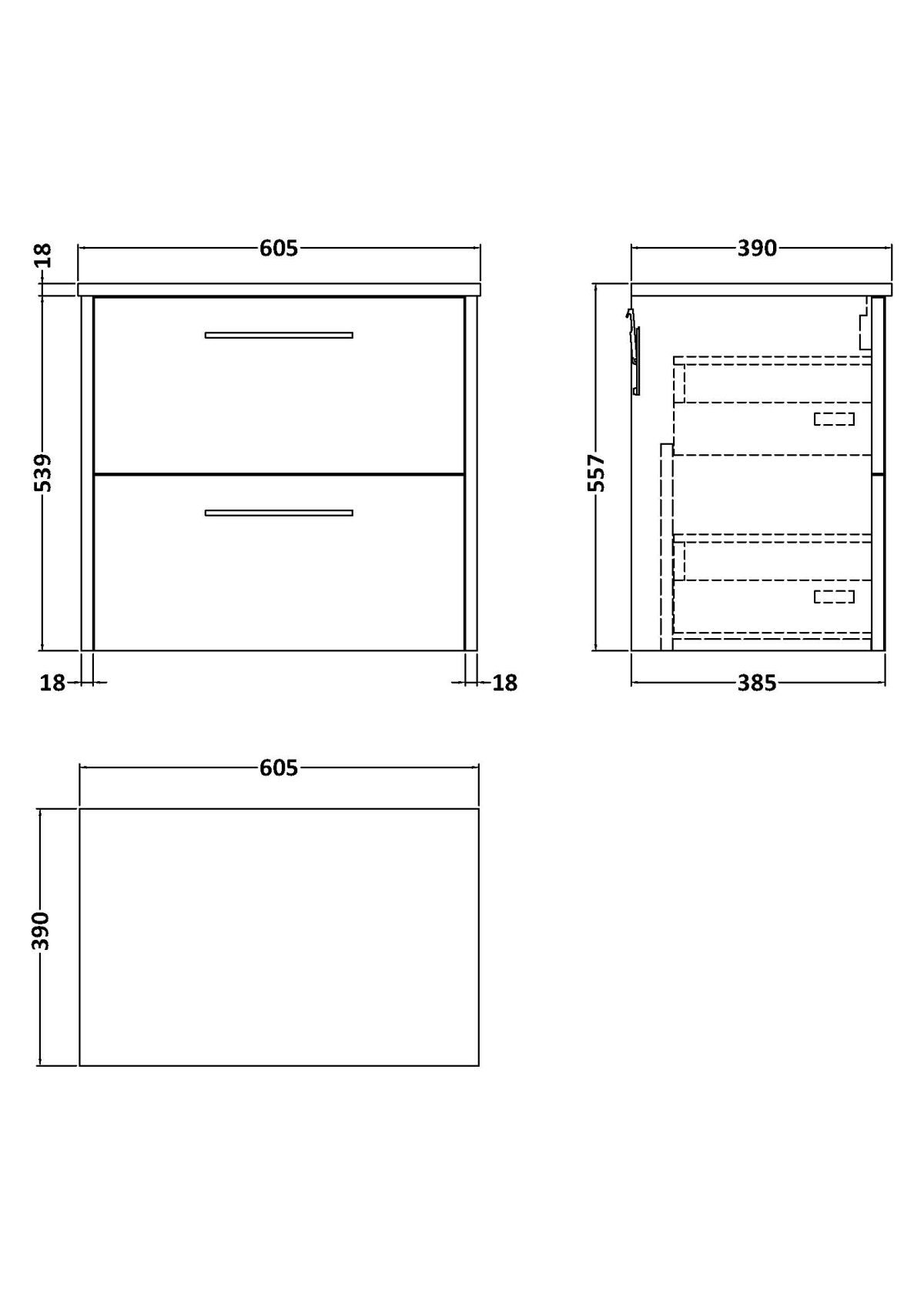 600mm Wall Hung 2 Drawer Vanity & Worktop - Image 2