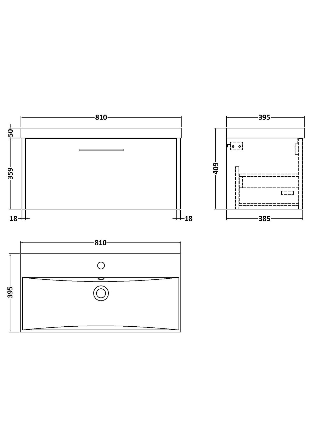 800mm Wall Hung 1 Drawer Vanity & Basin 3 - Image 3