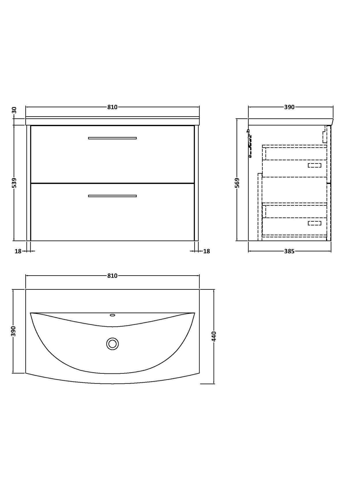 800mm Wall Hung 2 Drawer Vanity & Basin 4 - Image 3