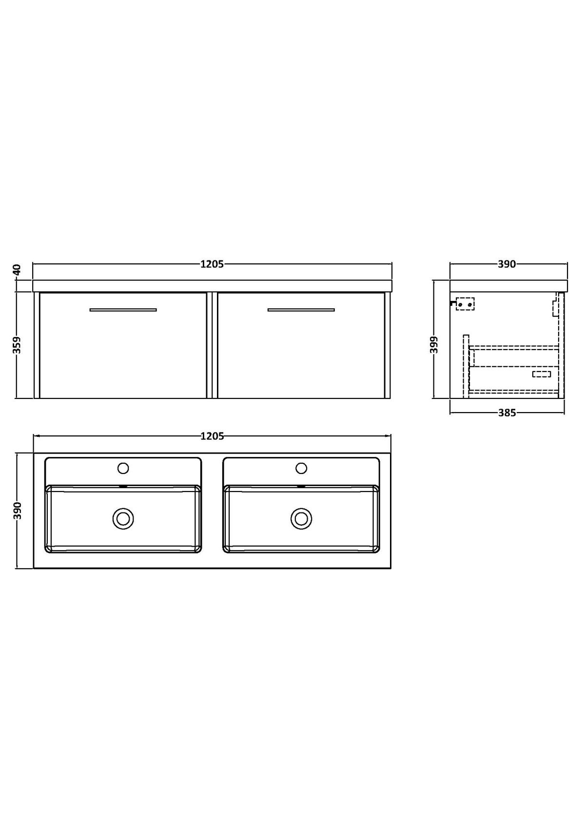 1200mm Wall Hung 2-Drawer Vanity & Double Basin - Image 3
