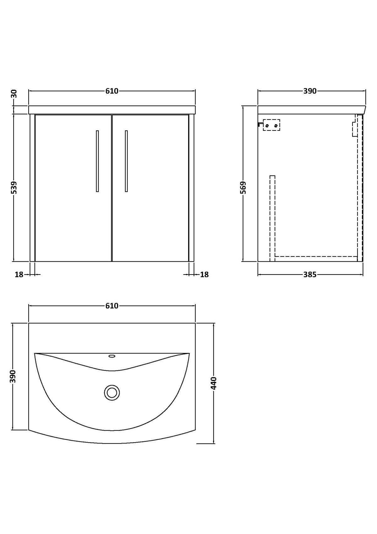 600mm Wall Hung 2-Door Vanity & Basin 4 - Image 3