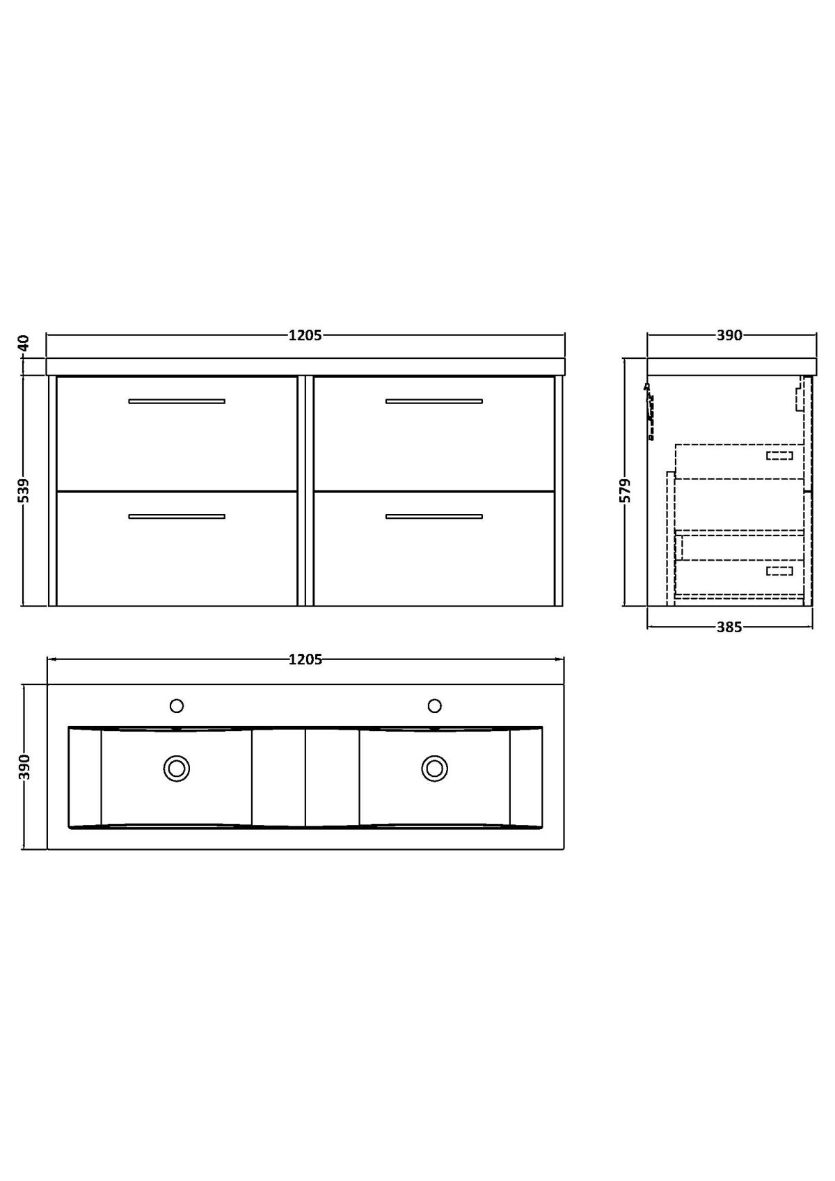 1200mm Wall Hung 4-Drawer Vanity & Double Basin - Image 3