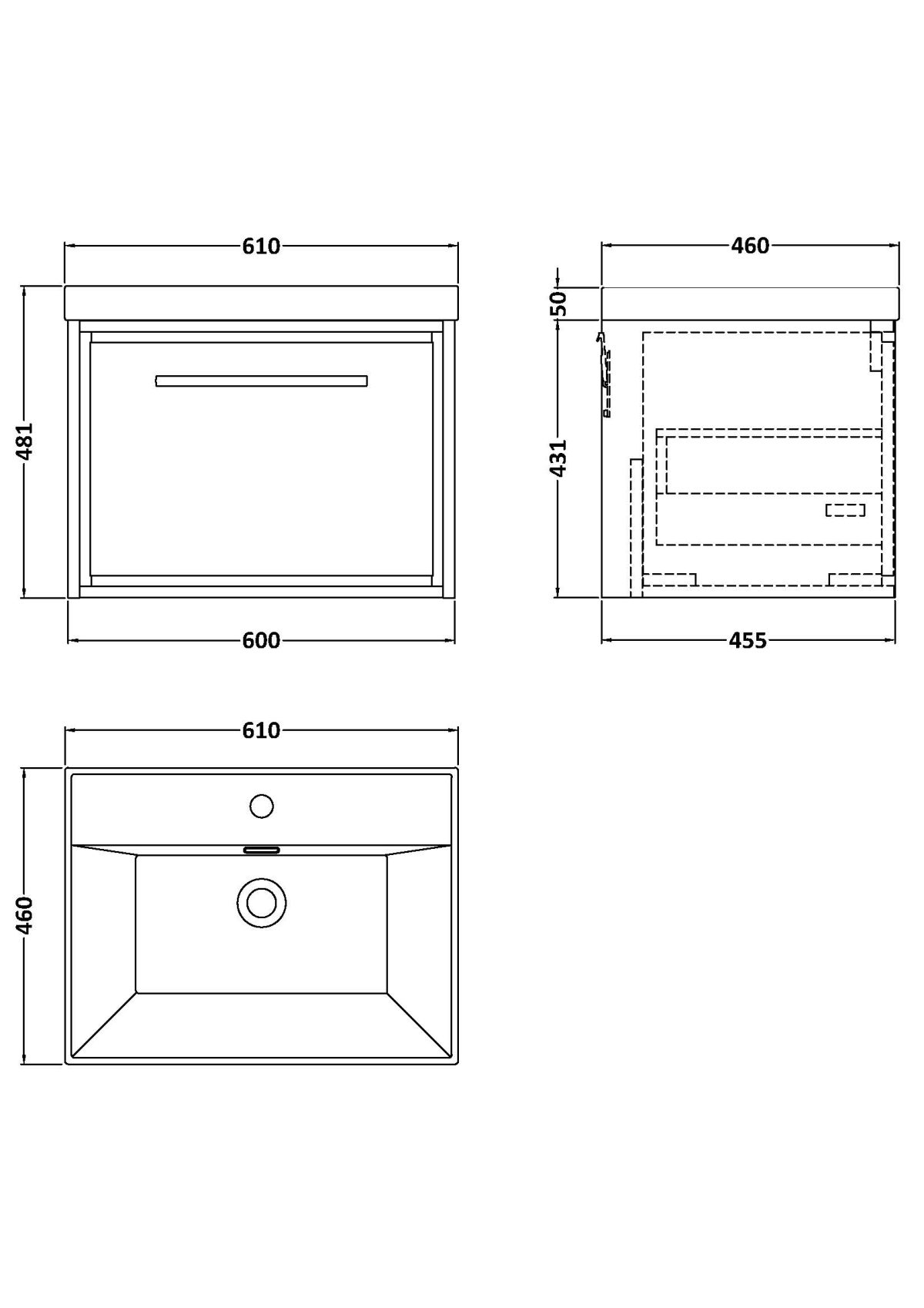 600mm Wall Hung Single Drawer Vanity with Basin - 1 Tap Hole - Image 2
