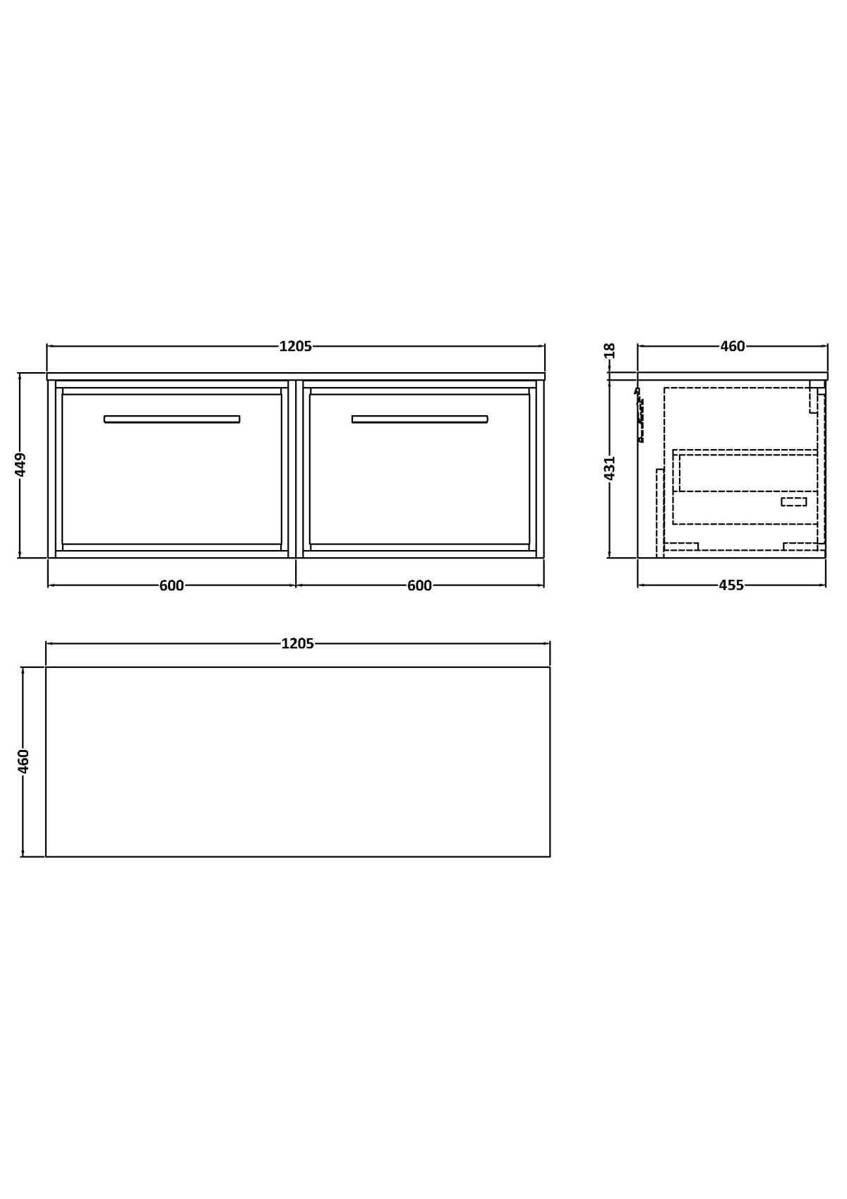 1200mm Wall Hung Single Drawer Vanity with Worktop - Image 2