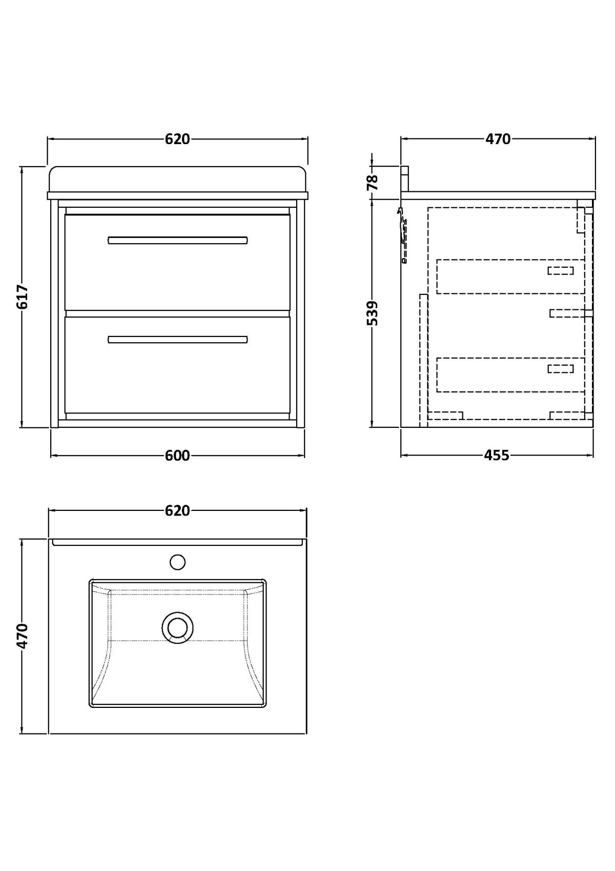 600mm Wall Hung 2-Drawer Vanity with Marble Worktop Basin - Image 2