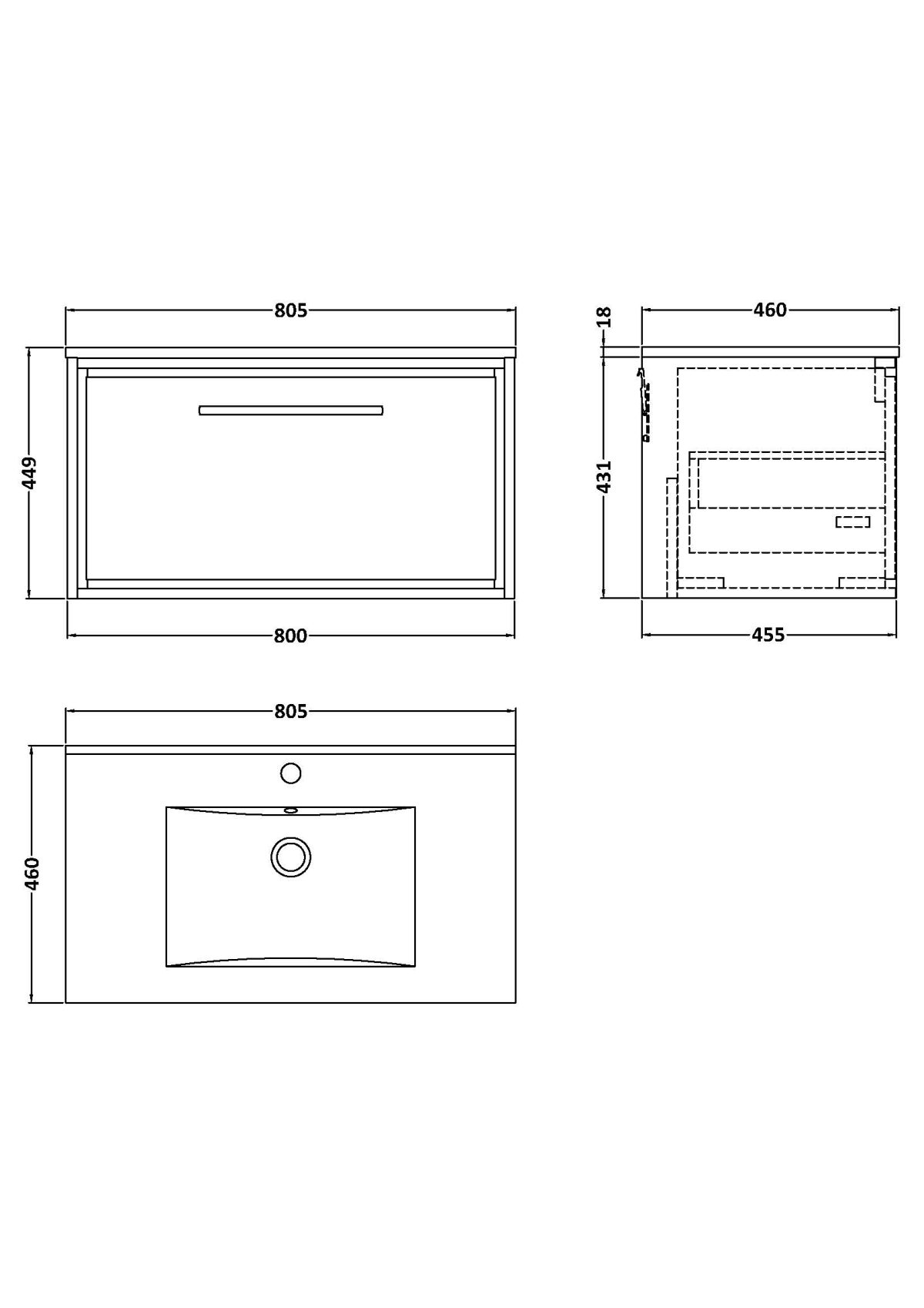 800mm Wall Hung Single Drawer Vanity with Basin - 1 Tap Hole - Image 2