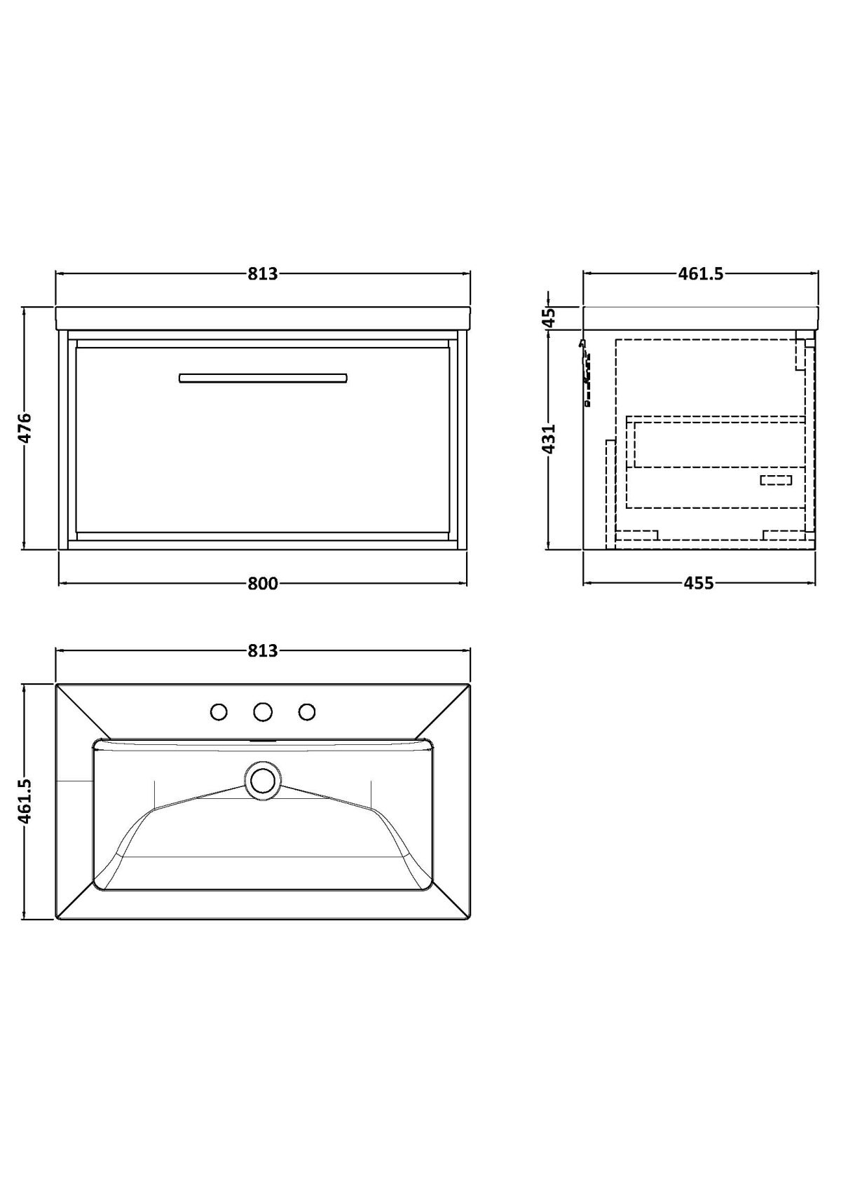 800mm Wall Hung Single Drawer Vanity with Basin - 3 Tap Hole - Image 2