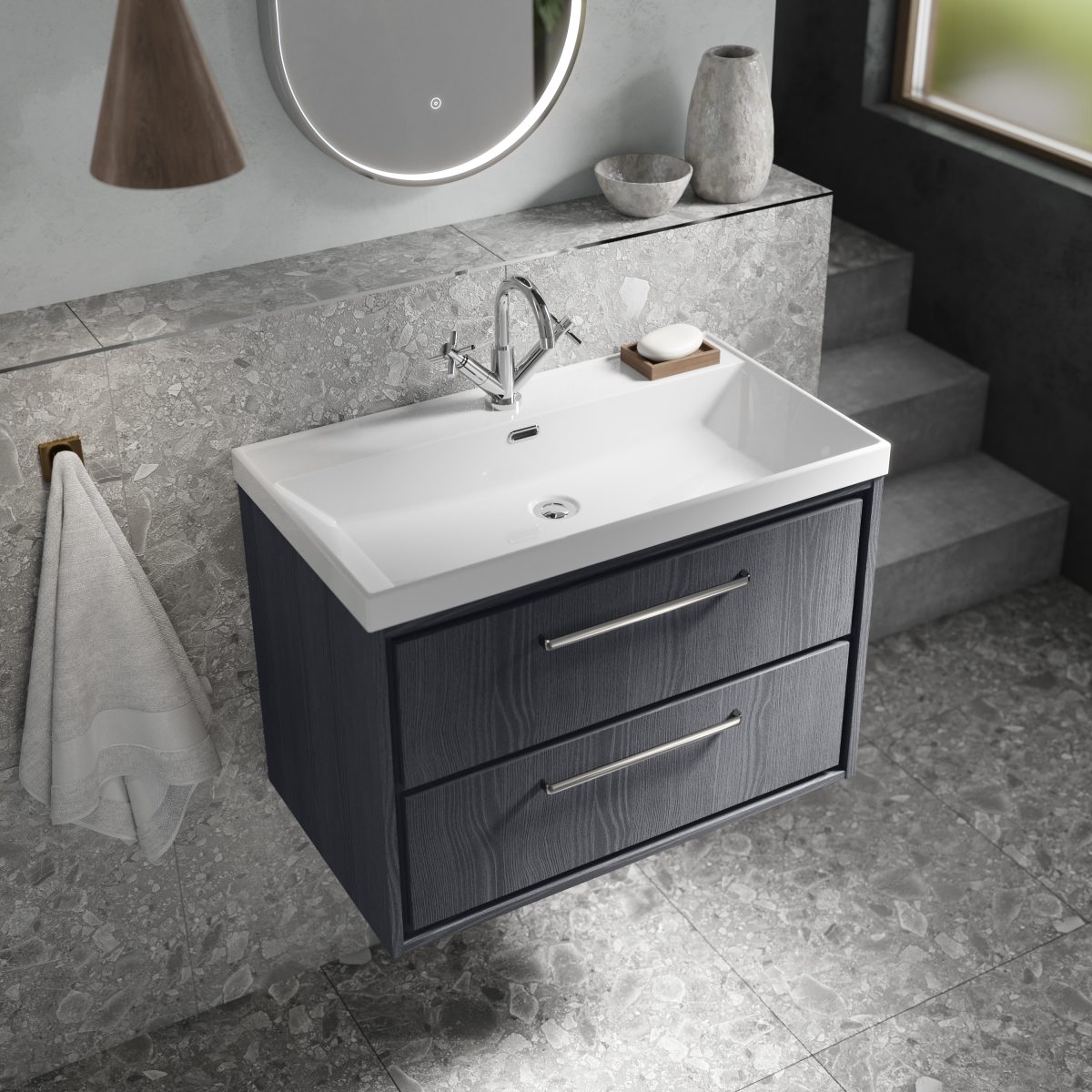 800mm Wall Hung 2-Drawer Vanity with Basin - 1 Tap Hole - Image 2