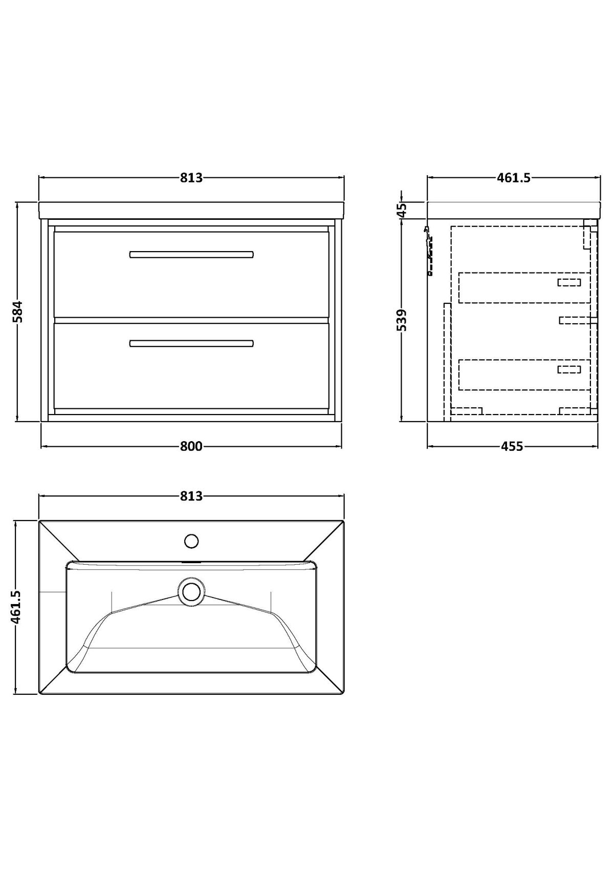 800mm Wall Hung 2-Drawer Vanity with Basin - 1 Tap Hole - Image 3
