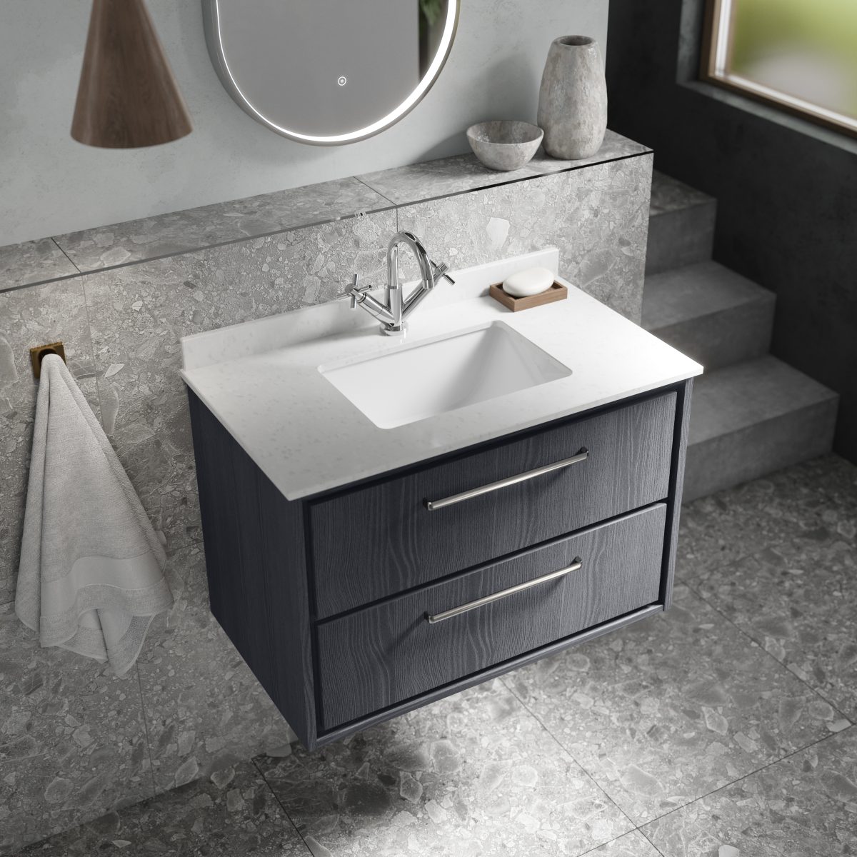 800mm Wall Hung 2-Drawer Vanity with Marble Worktop Basin - Image 2